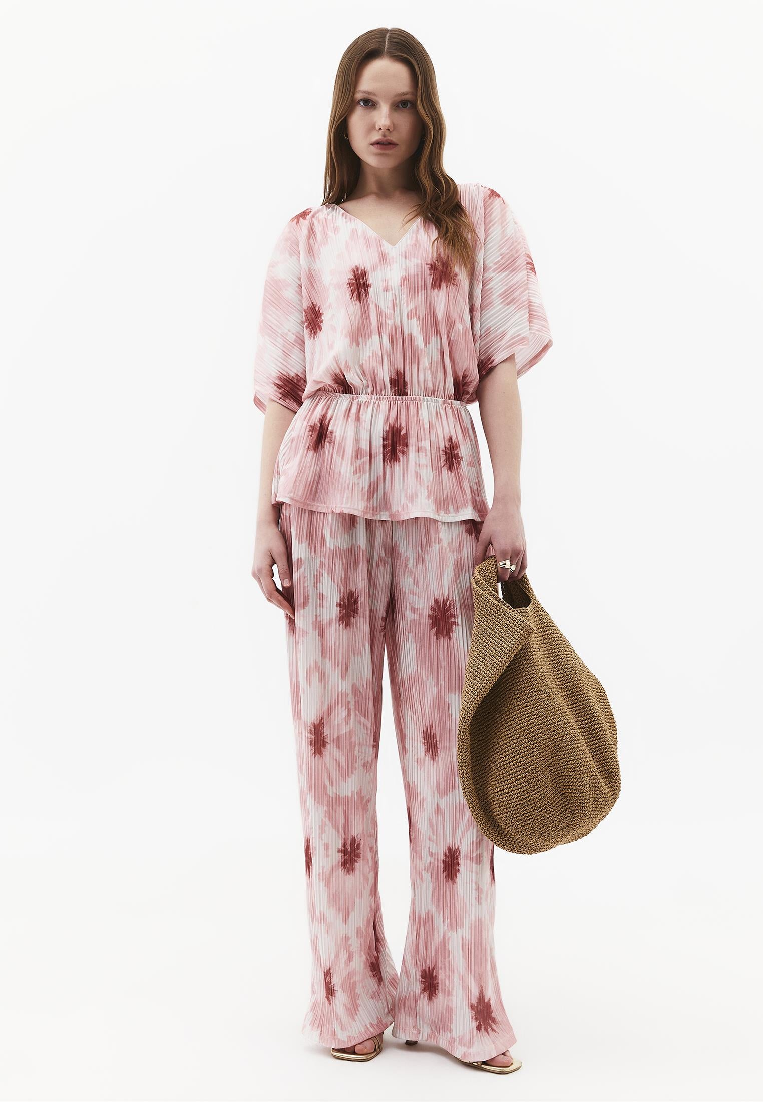 High Waist Pleated Printed Straight Pants - ABSTRACT COMB