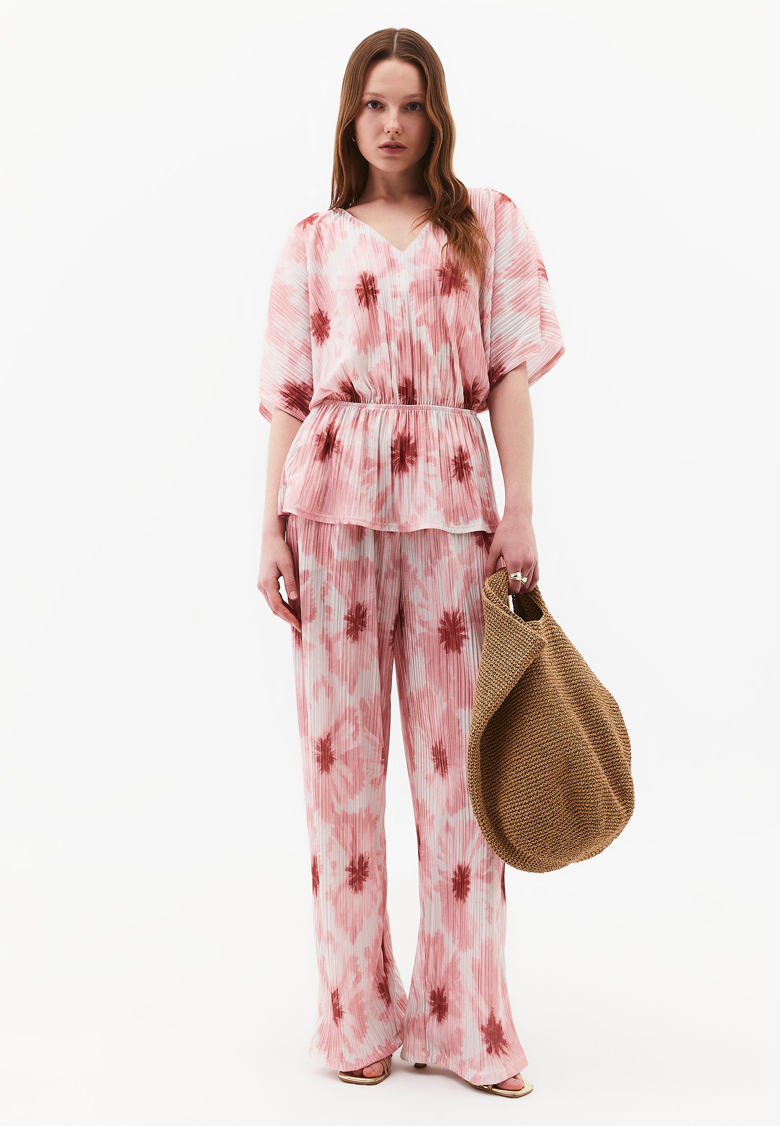 High Waist Pleated Printed Straight Pants - ABSTRACT COMB
