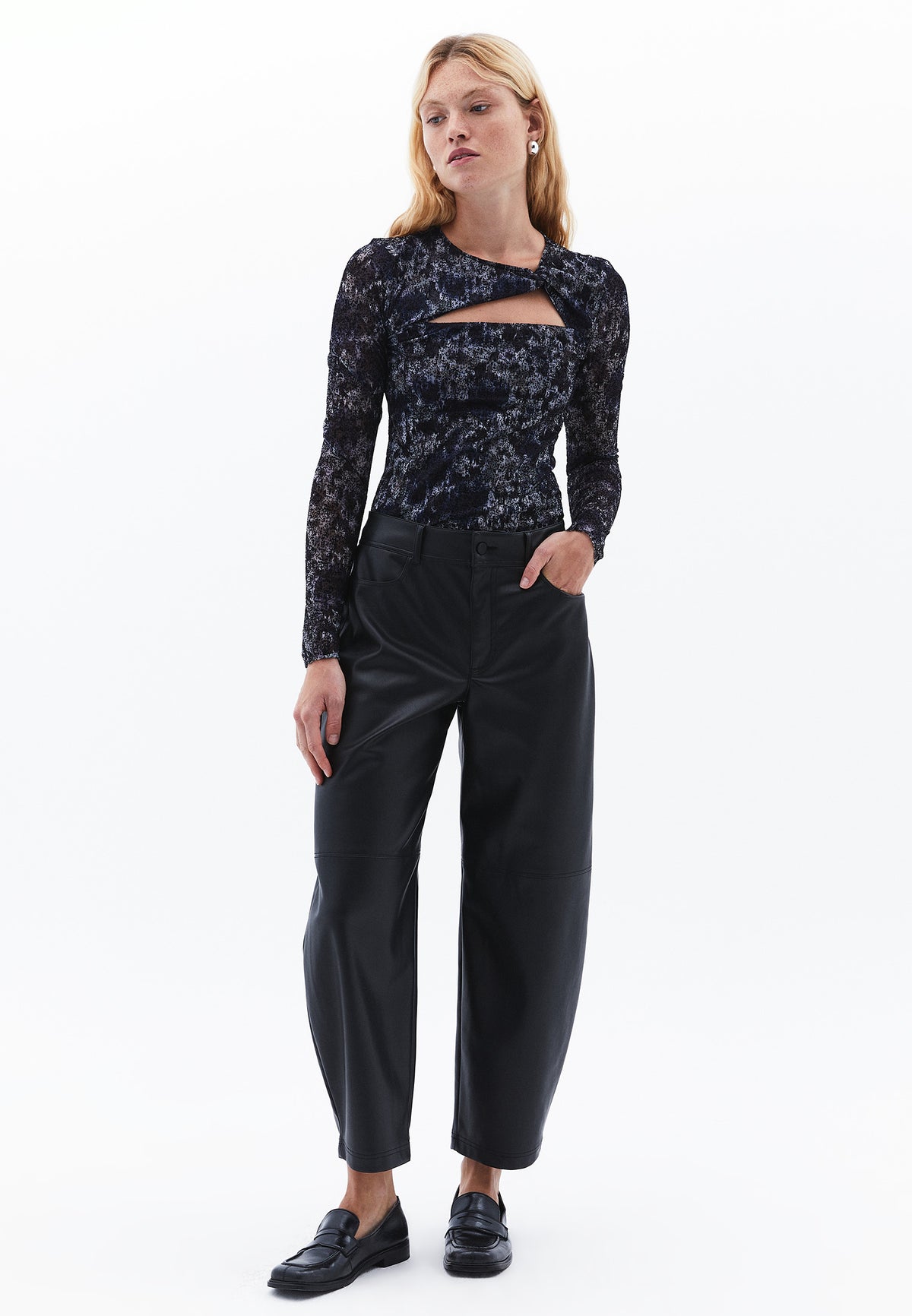 Glitter Crew Neck Long Sleeve Bodycon T-Shirt - ABSTRACT COMB