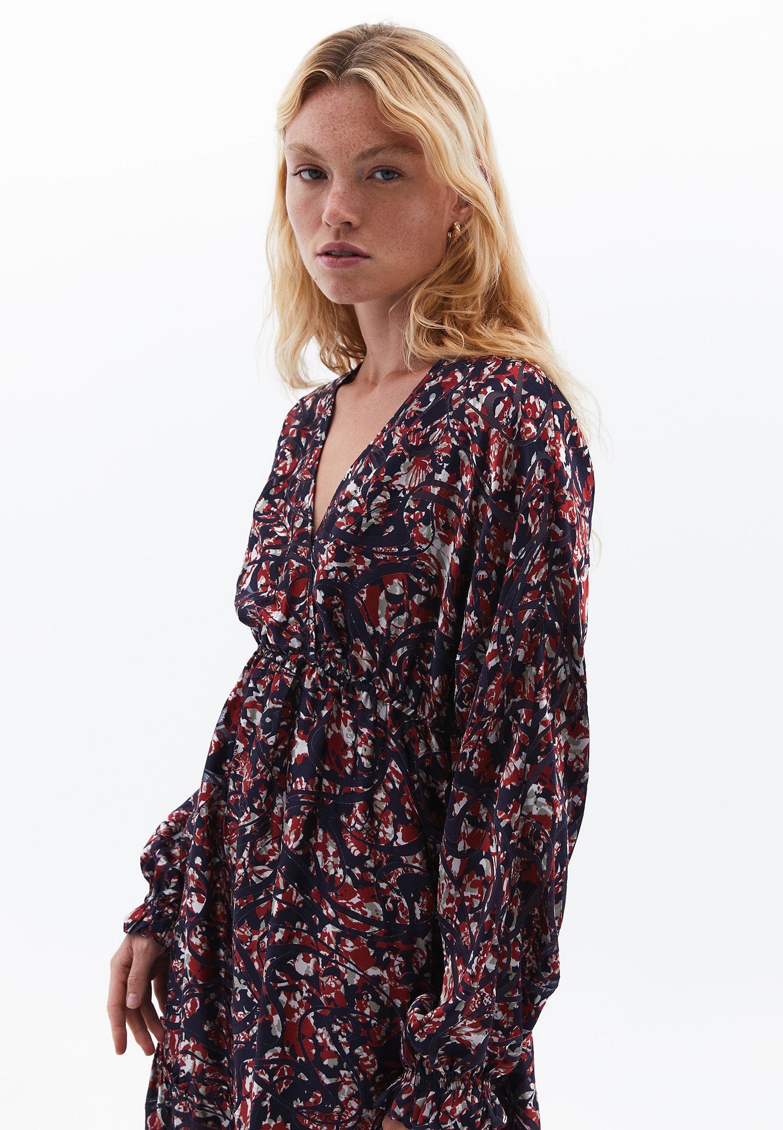 V Neck Balloon Sleeve Long Dress - ABSTRACT COMB