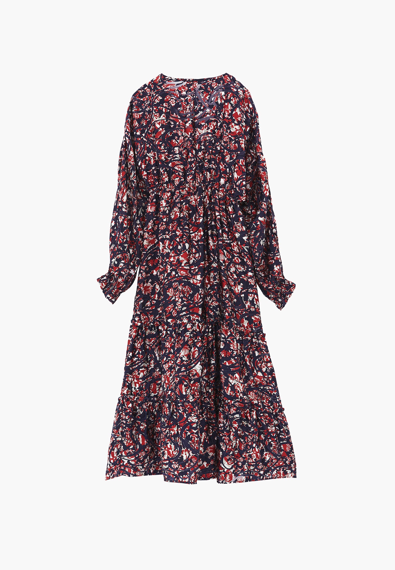 V Neck Balloon Sleeve Long Dress - ABSTRACT COMB