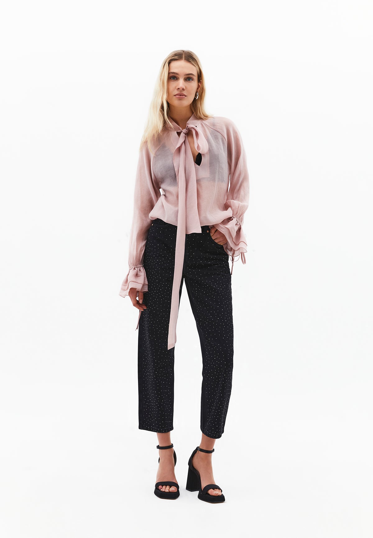 Deep V Neck Tie Blouse - Pink