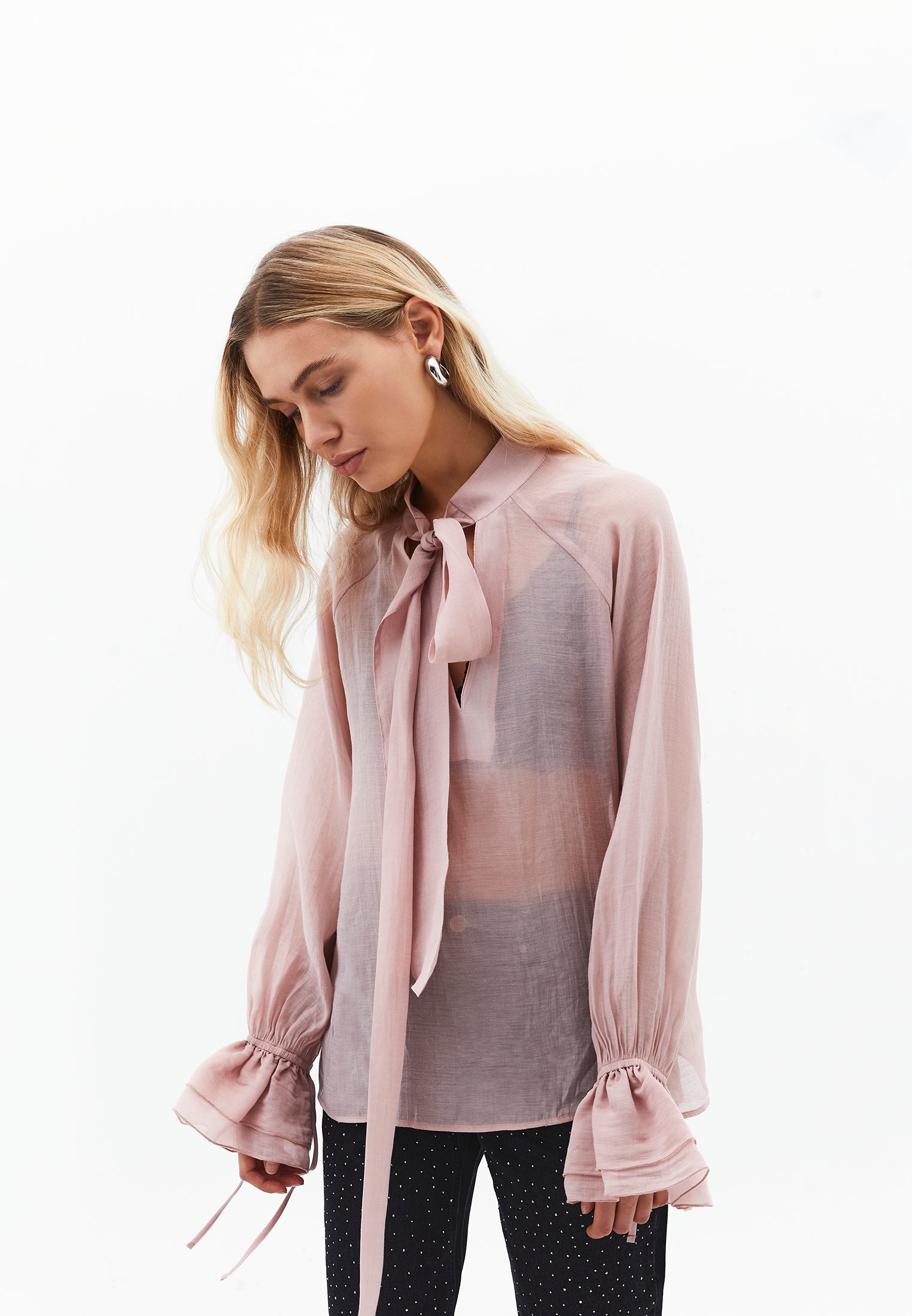 Deep v-neck tie blouse - ADOBE ROSE
