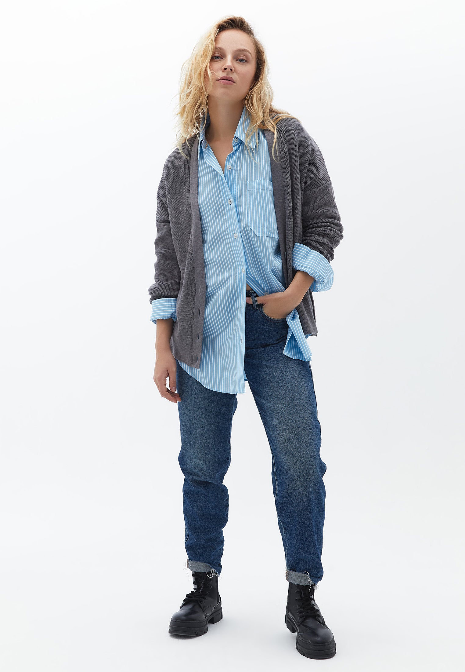 قميص مخطط كبير الحجم - أزرق ألاسكي مخطط