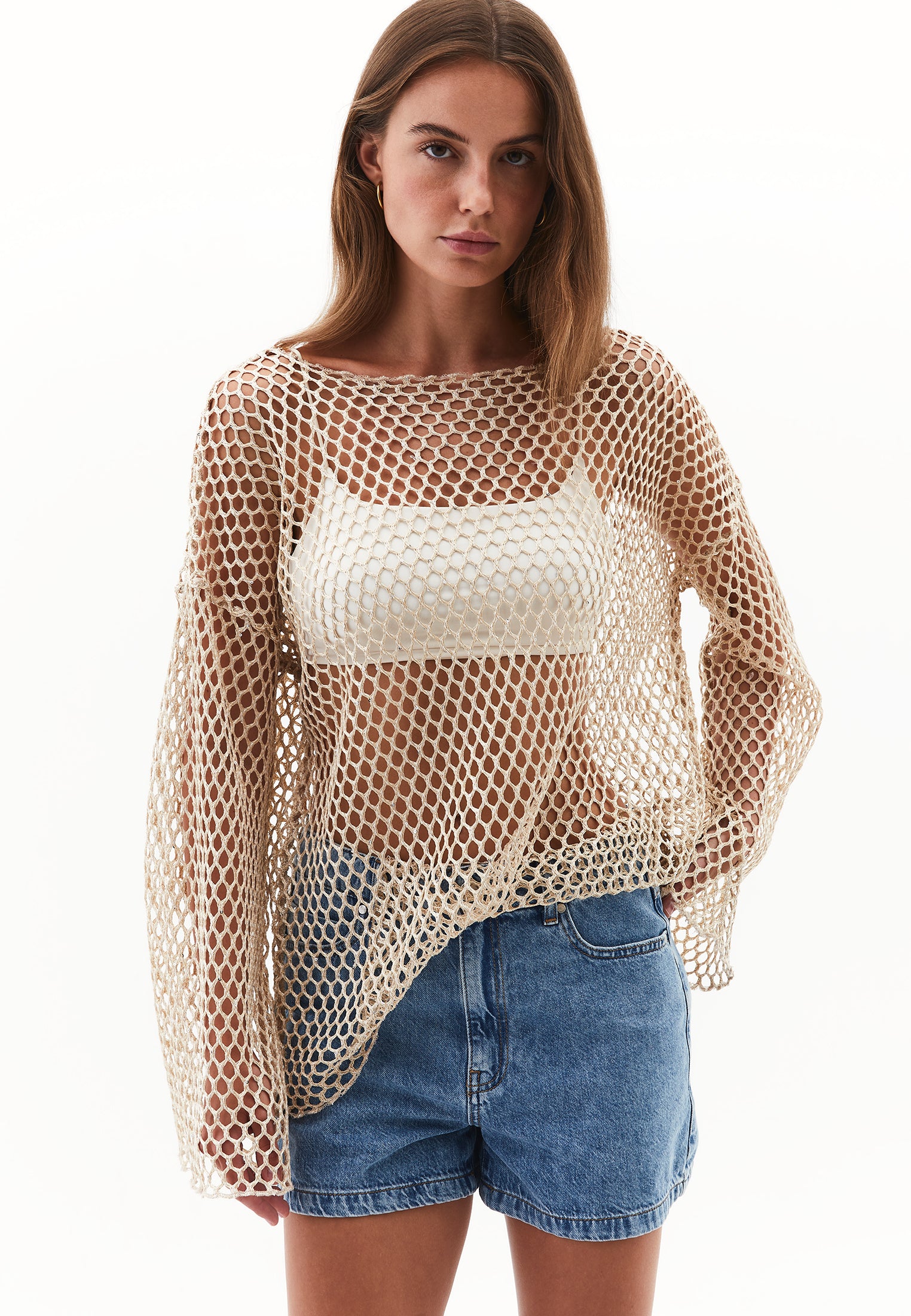 File detailed long sleeve blouse - ALMOND MILK