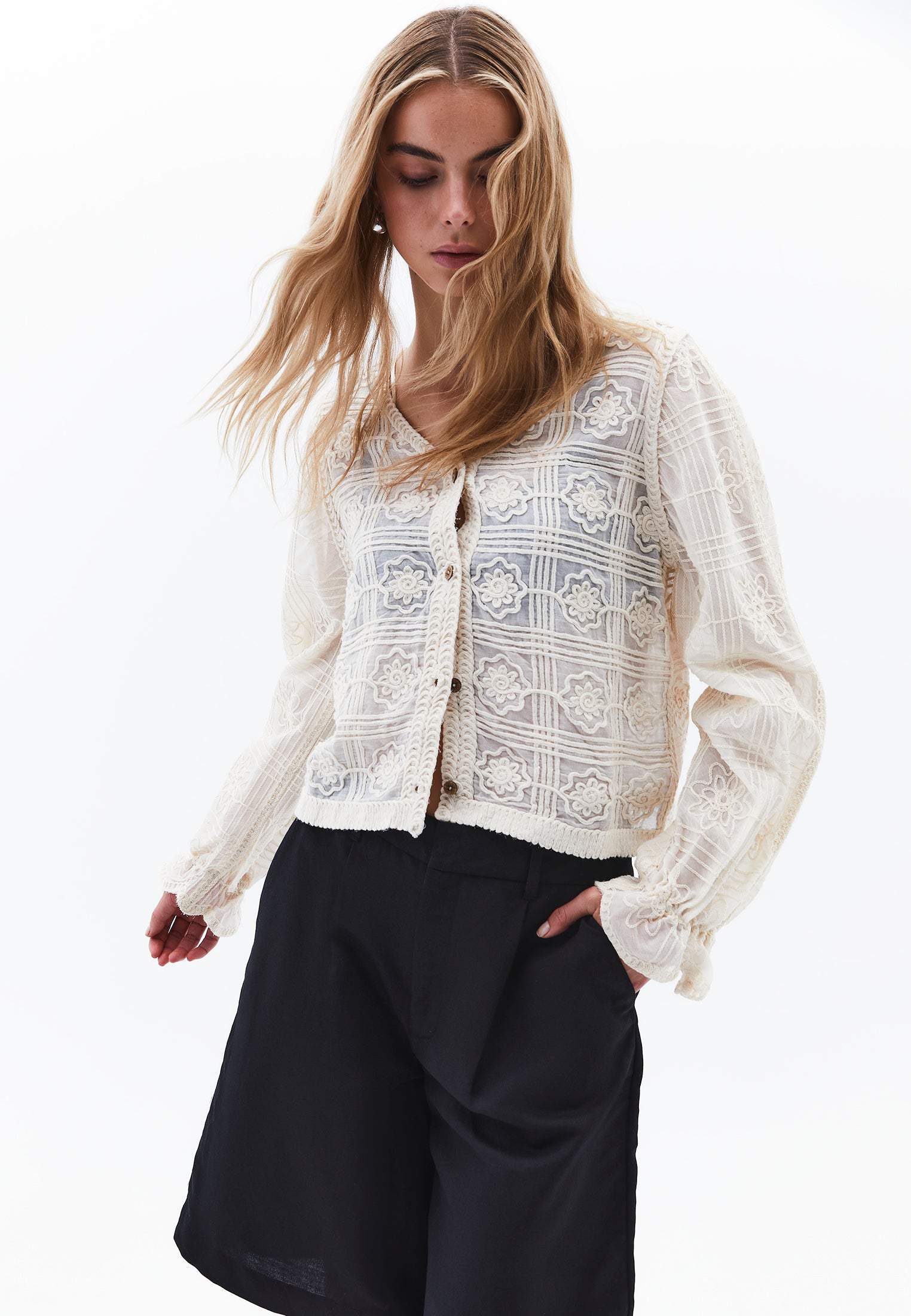 V Neck Embroidered Blouse - ALMOND MILK
