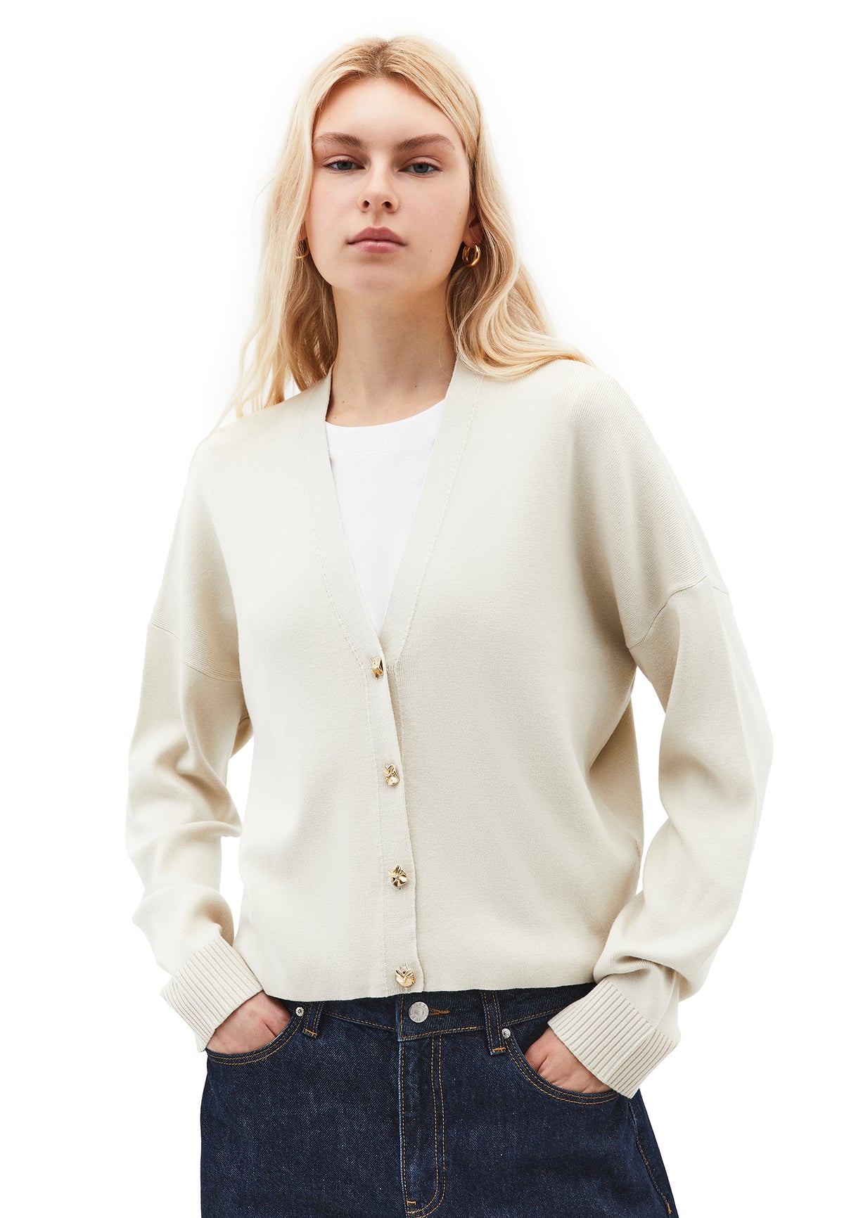V Neck Loose Knit Cardigan - Cream