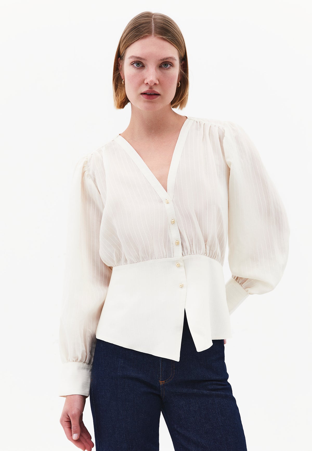 Ruched V-Neck Long Sleeve Blouse - ALMOND MILK
