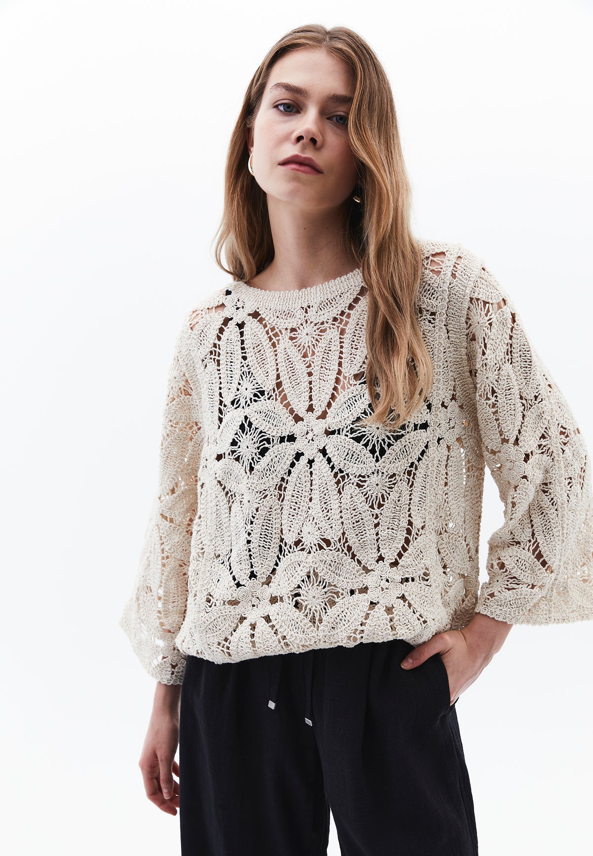 Blouse With Ajour Details - ALMOND MILK