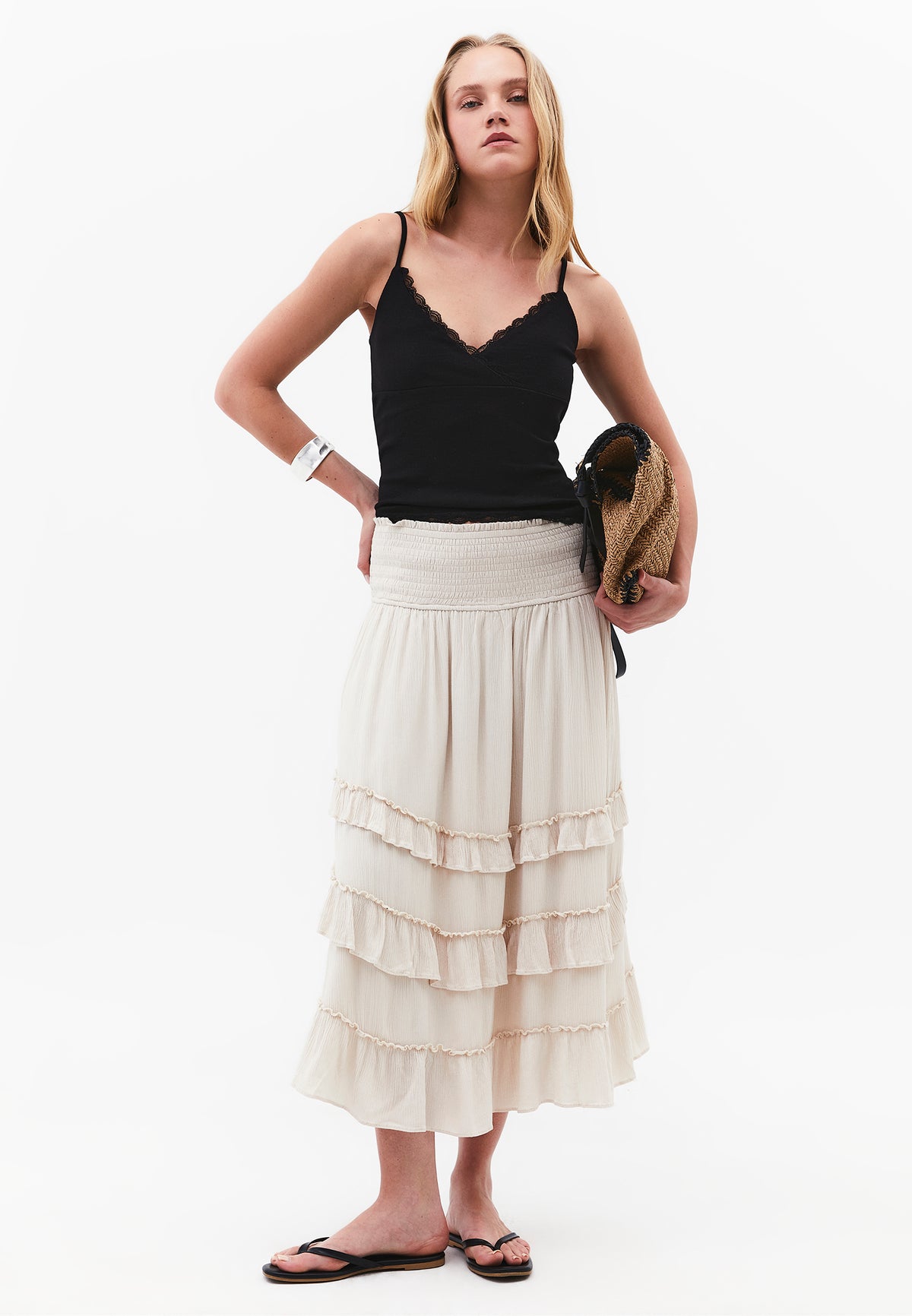 Elastic Ruffled High Waist Midi Skirt - ALMOND MILK