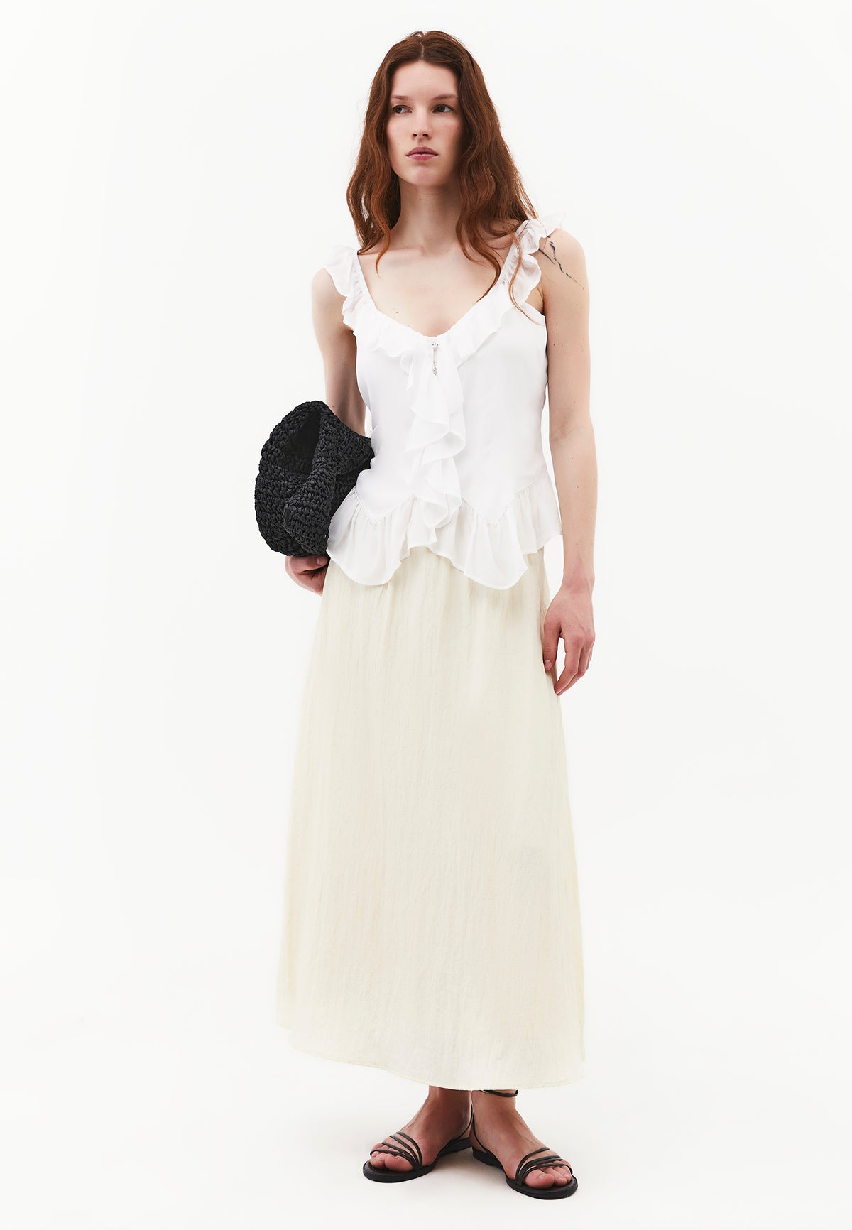 Flared Long High Waist Woven Skirt - ALMOND MILK