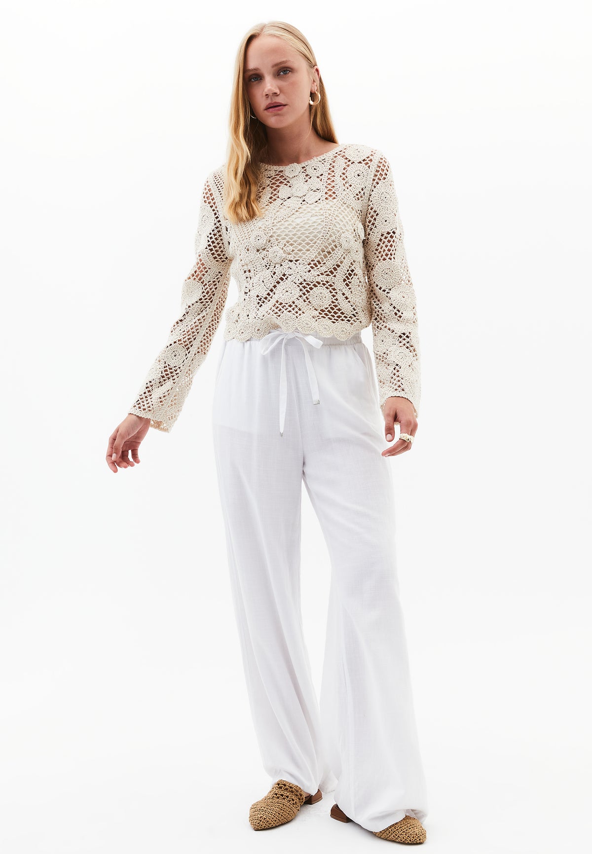 Cotton Long Sleeved Blouse - ALMOND MILK