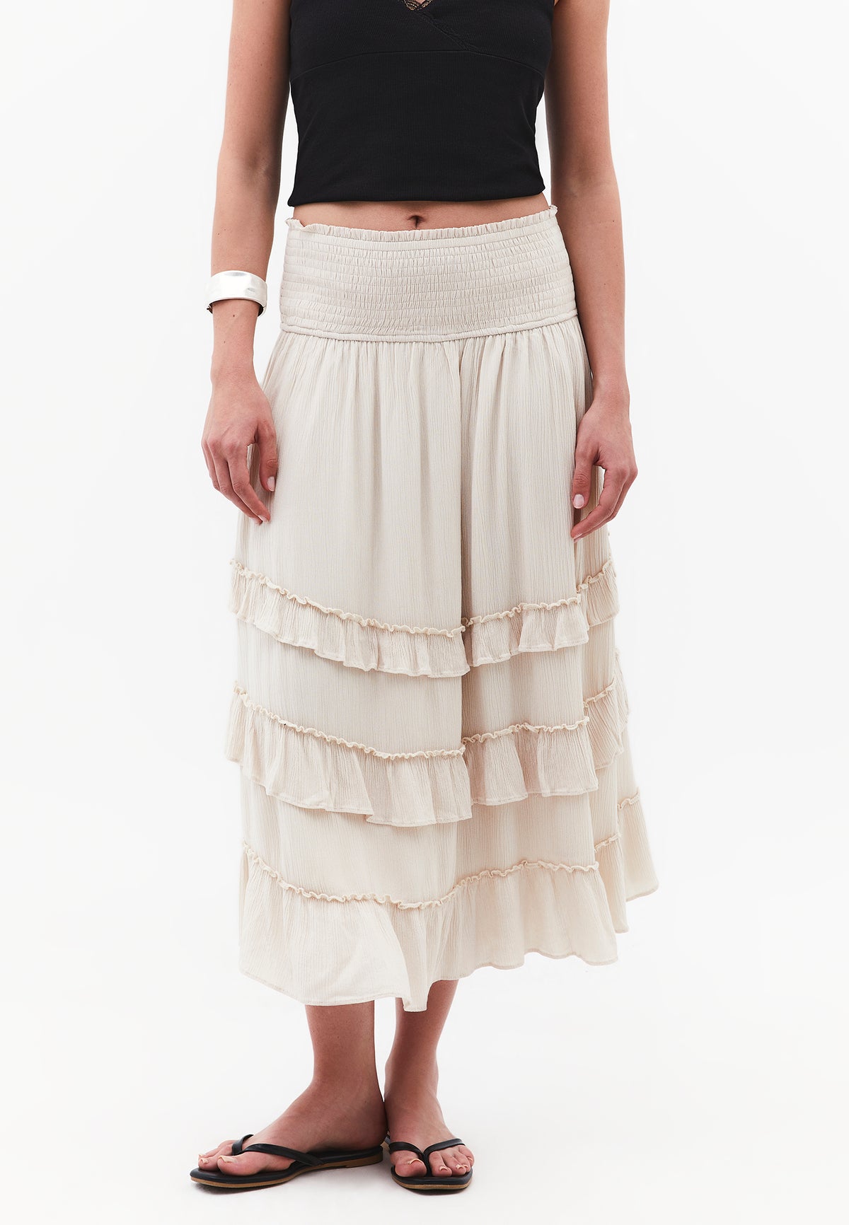 Elastic Ruffled High Waist Midi Skirt - ALMOND MILK