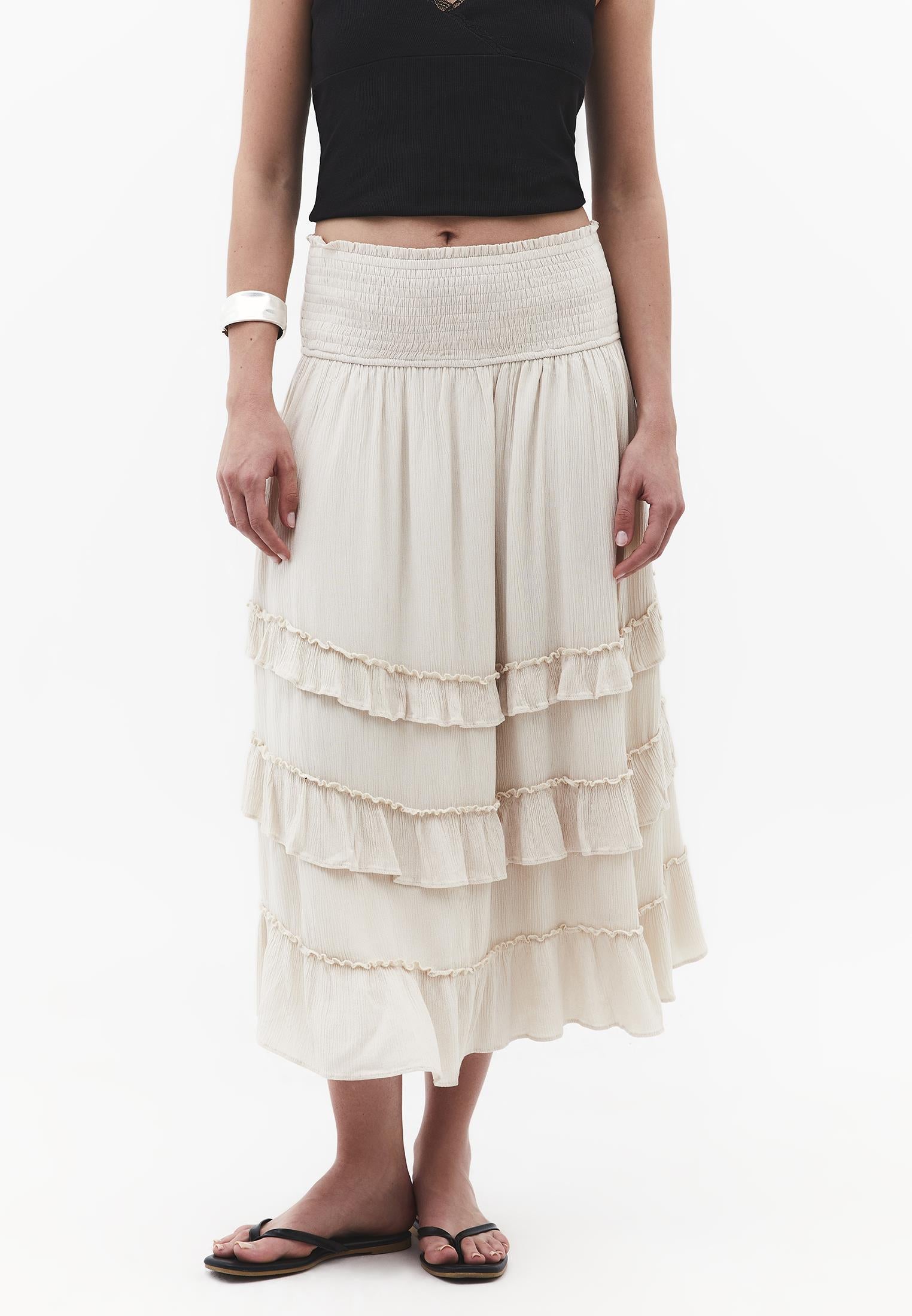 Elastic Ruffled High Waist Midi Skirt - ALMOND MILK
