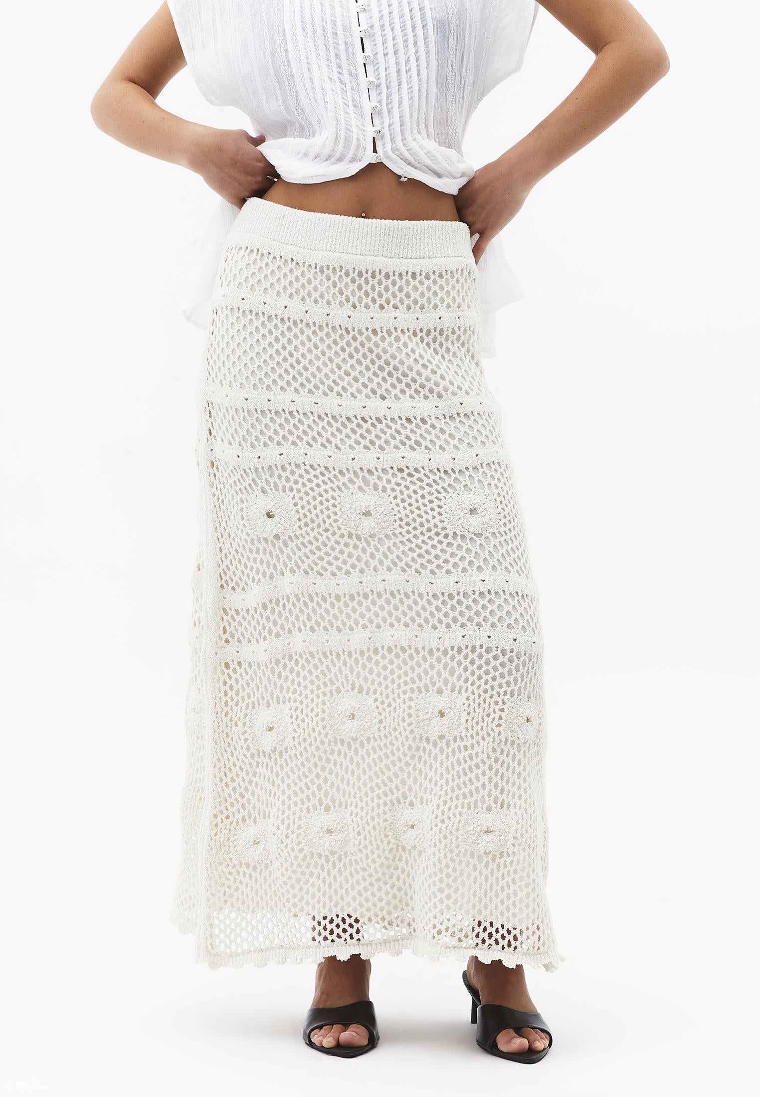 Midi Length Openwork Skirt - ALMOND MILK
