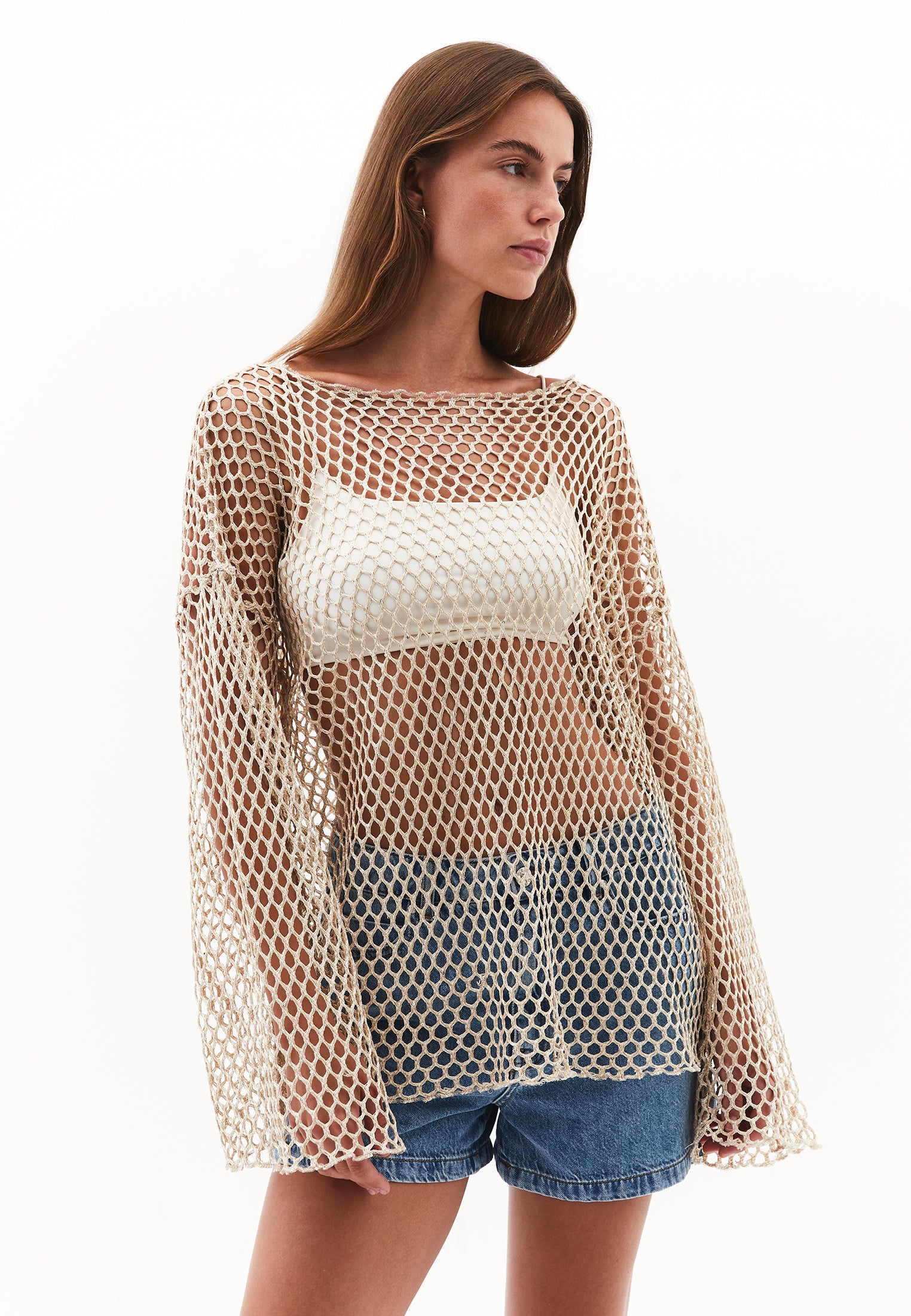 File detailed long sleeve blouse - ALMOND MILK