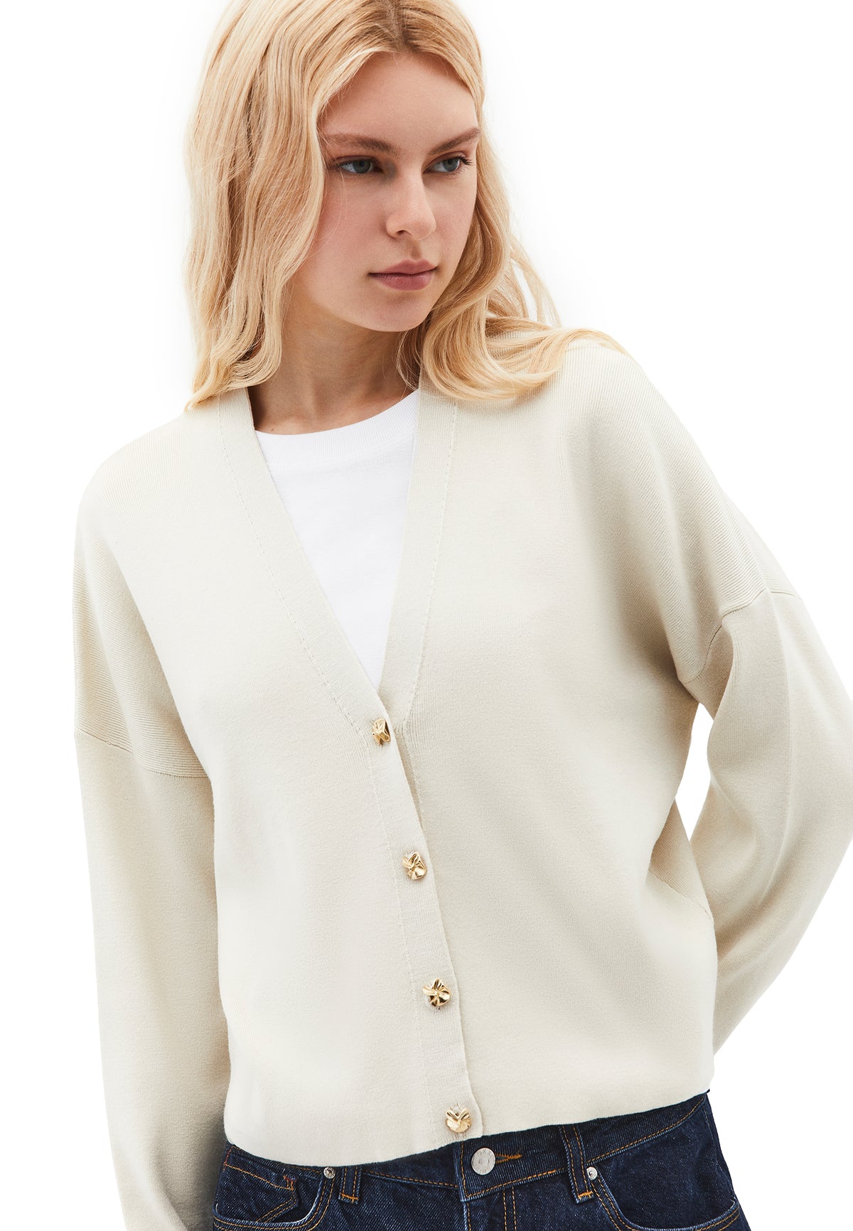 V Neck Loose Knit Cardigan - Cream