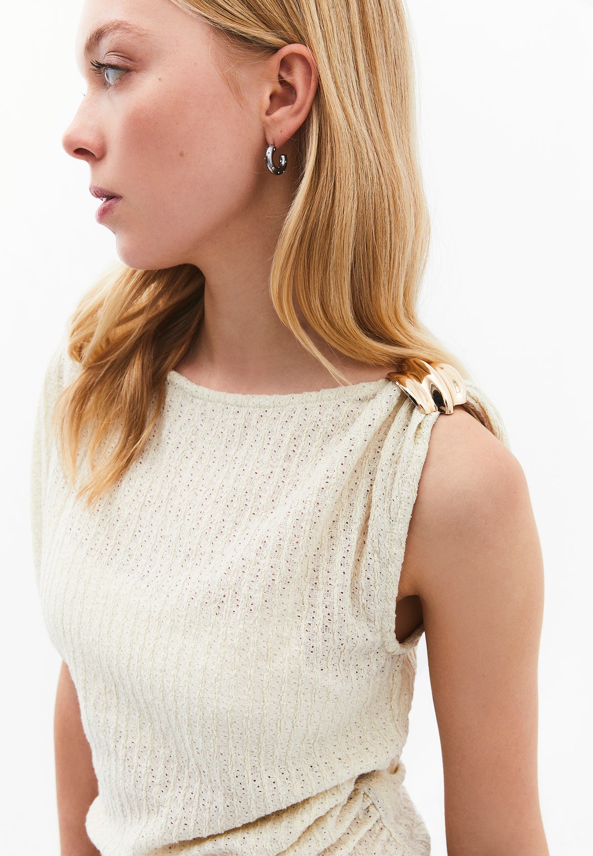 Asymmetric Boat Neck Blouse - ALMOND MILK