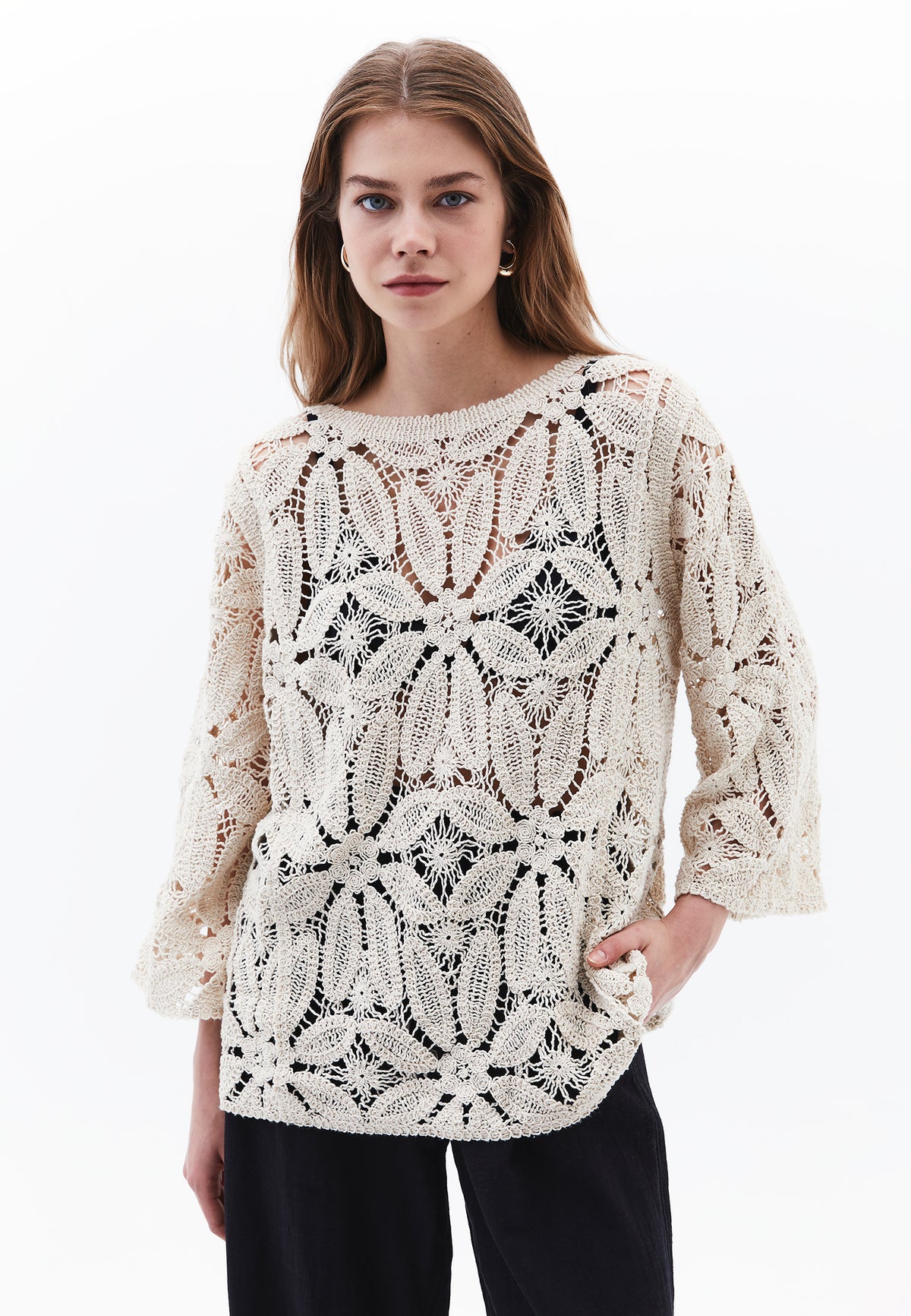 Blouse With Ajour Details - ALMOND MILK