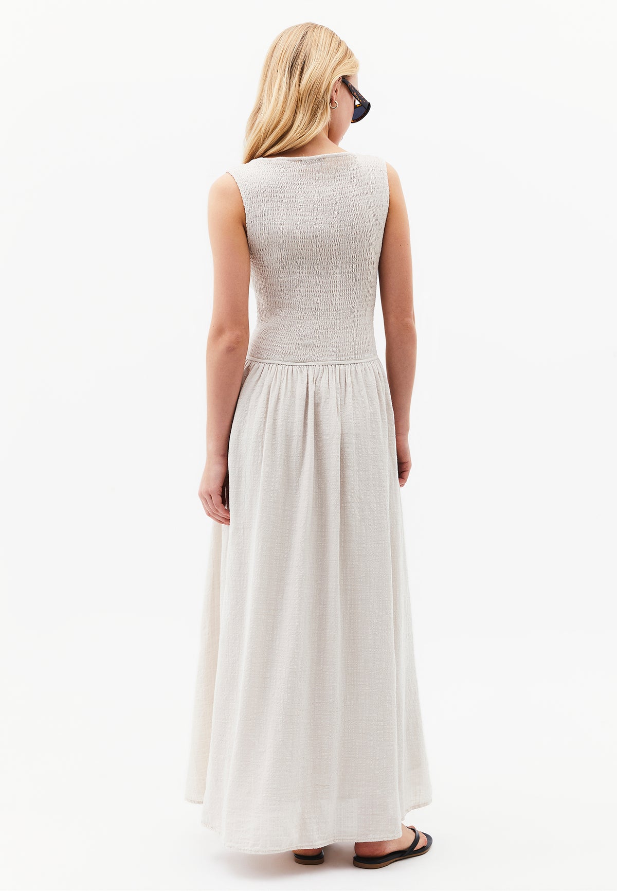 Long Boat Neck Smocked Sleeveless Dress - Cream