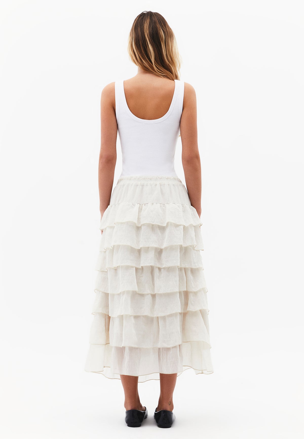 High Waist Long A-Line Ruffled Women's Skirt - ALMOND MILK