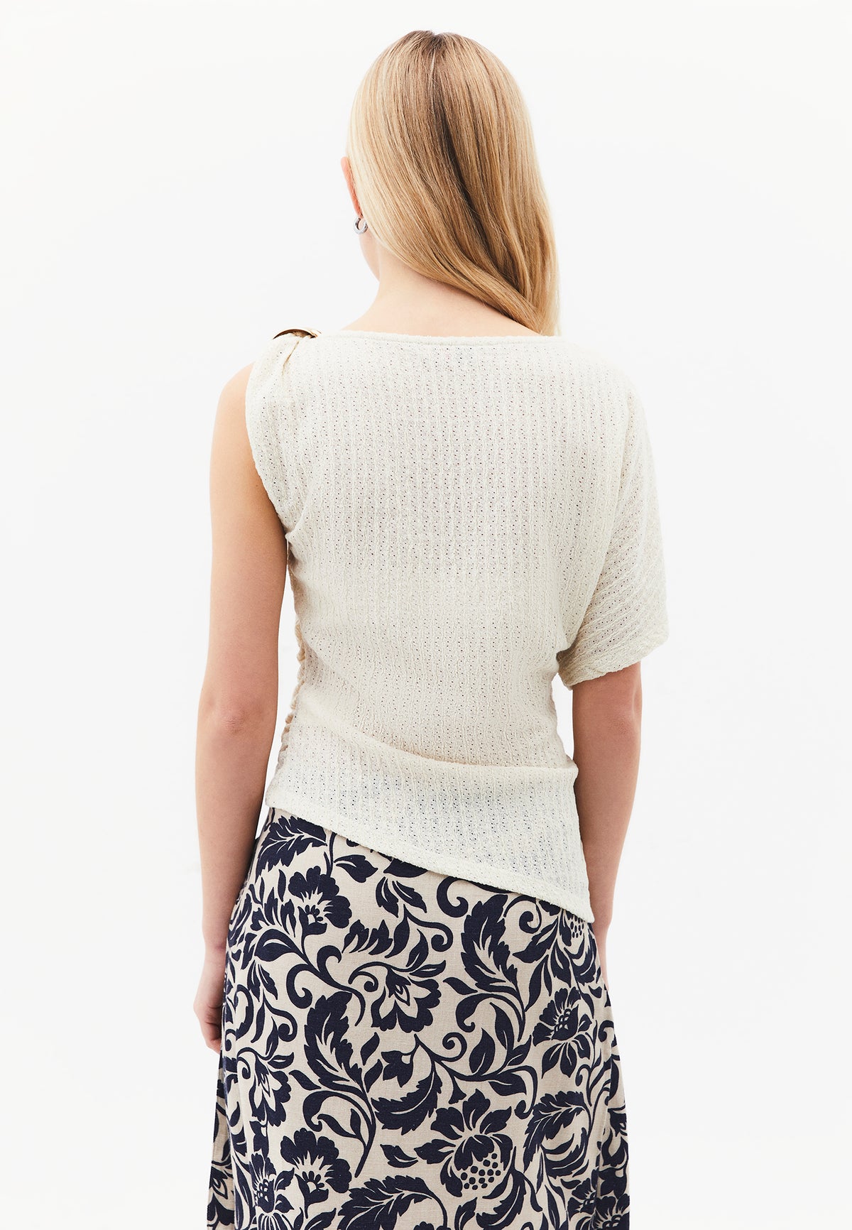 Asymmetric Boat Neck Blouse - ALMOND MILK