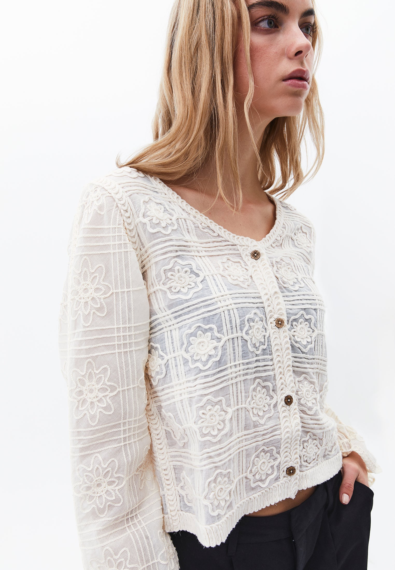V Neck Embroidered Blouse - ALMOND MILK
