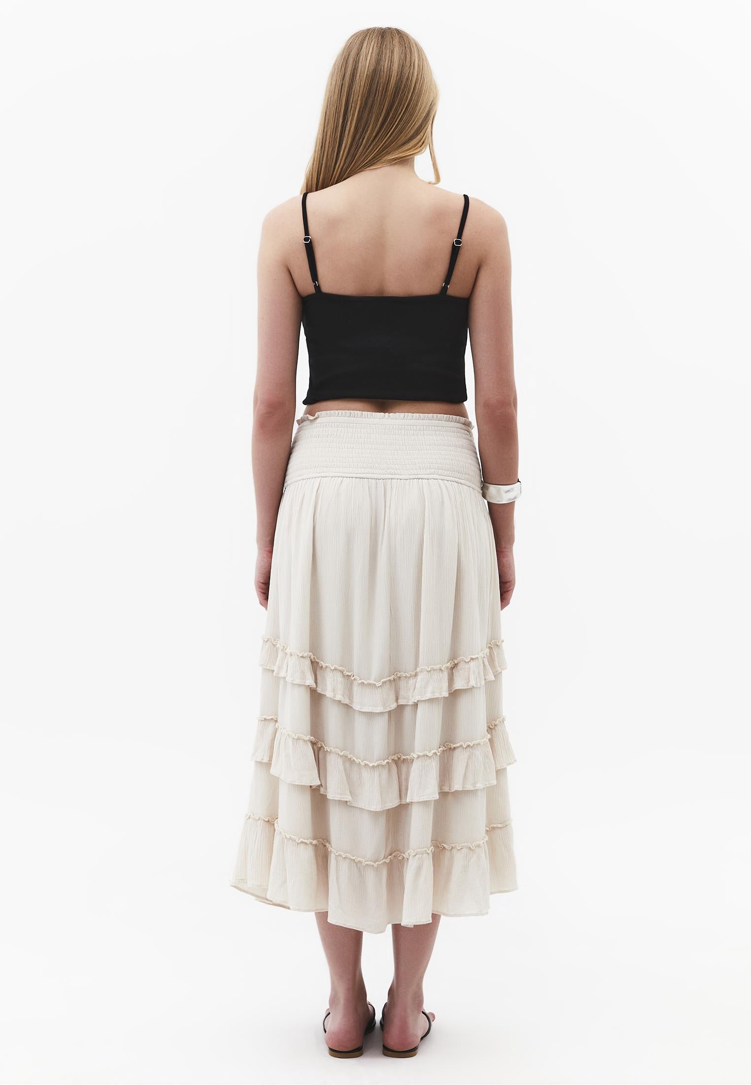 Elastic Ruffled High Waist Midi Skirt - ALMOND MILK