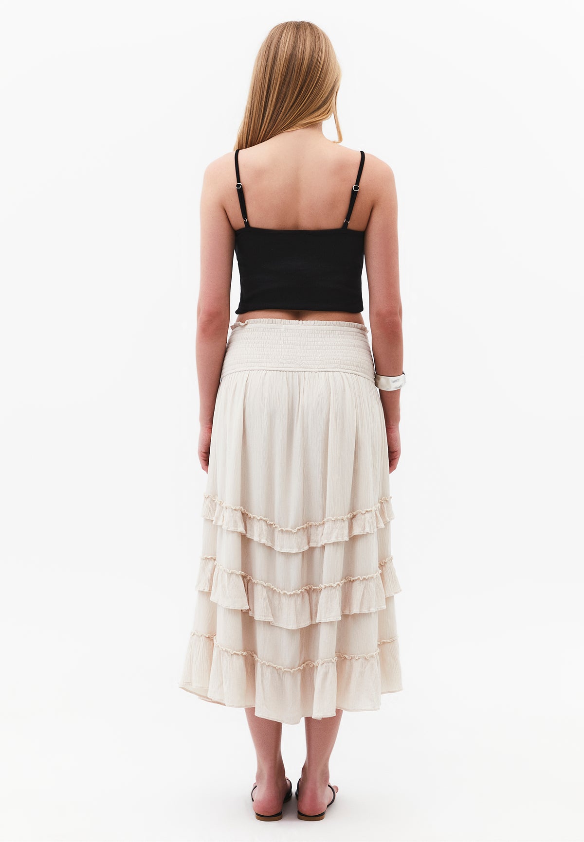 Elastic Ruffled High Waist Midi Skirt - ALMOND MILK