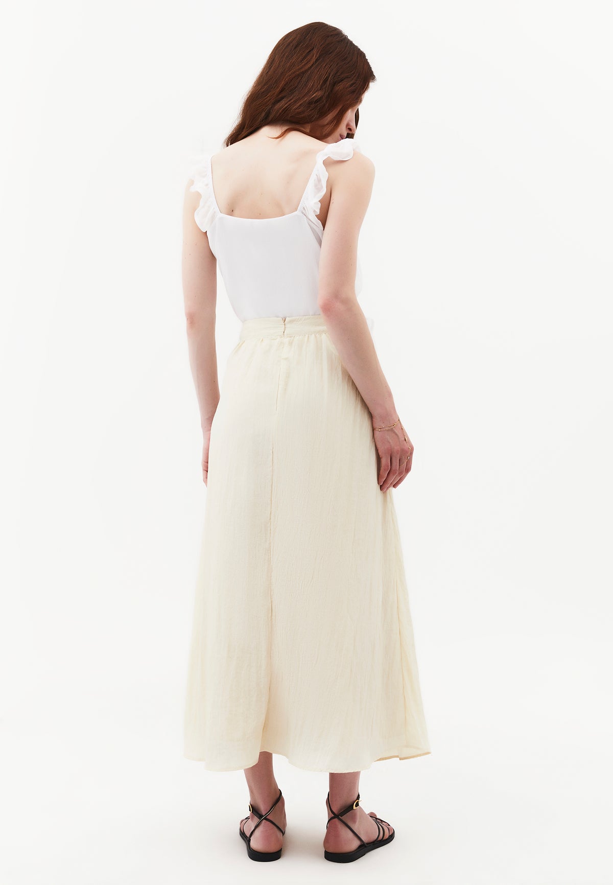 Flared Long High Waist Woven Skirt - ALMOND MILK