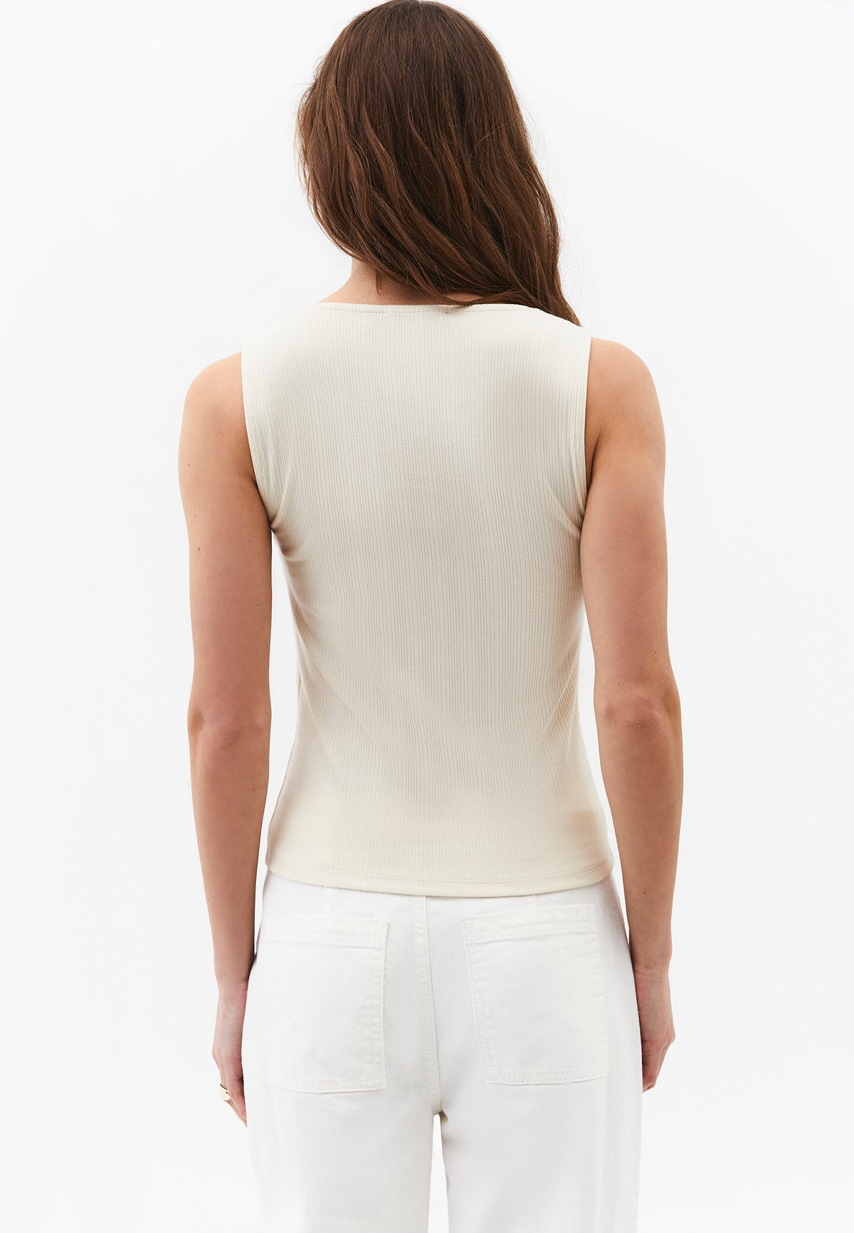 Wide Neck Buckle Detail Tank Top - ALMOND MILK