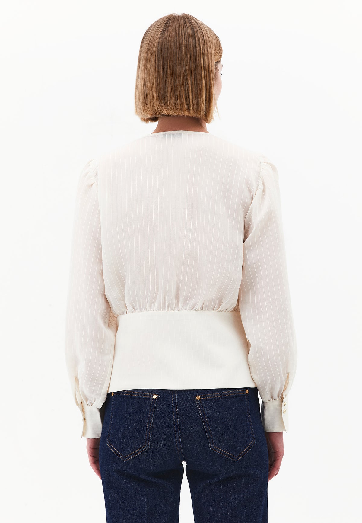 Ruched V-Neck Long Sleeve Blouse - ALMOND MILK