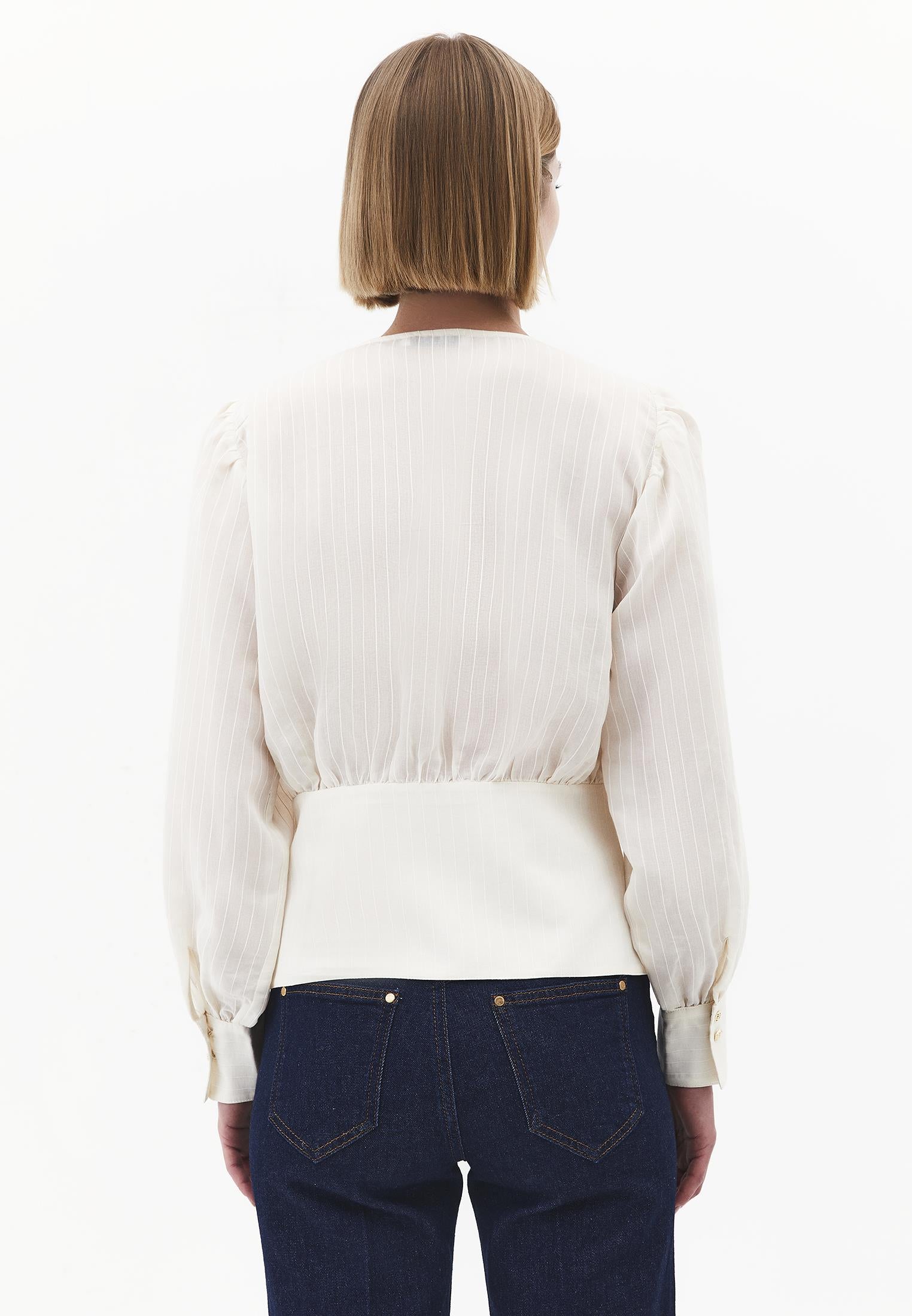 Ruched V-Neck Long Sleeve Blouse - ALMOND MILK