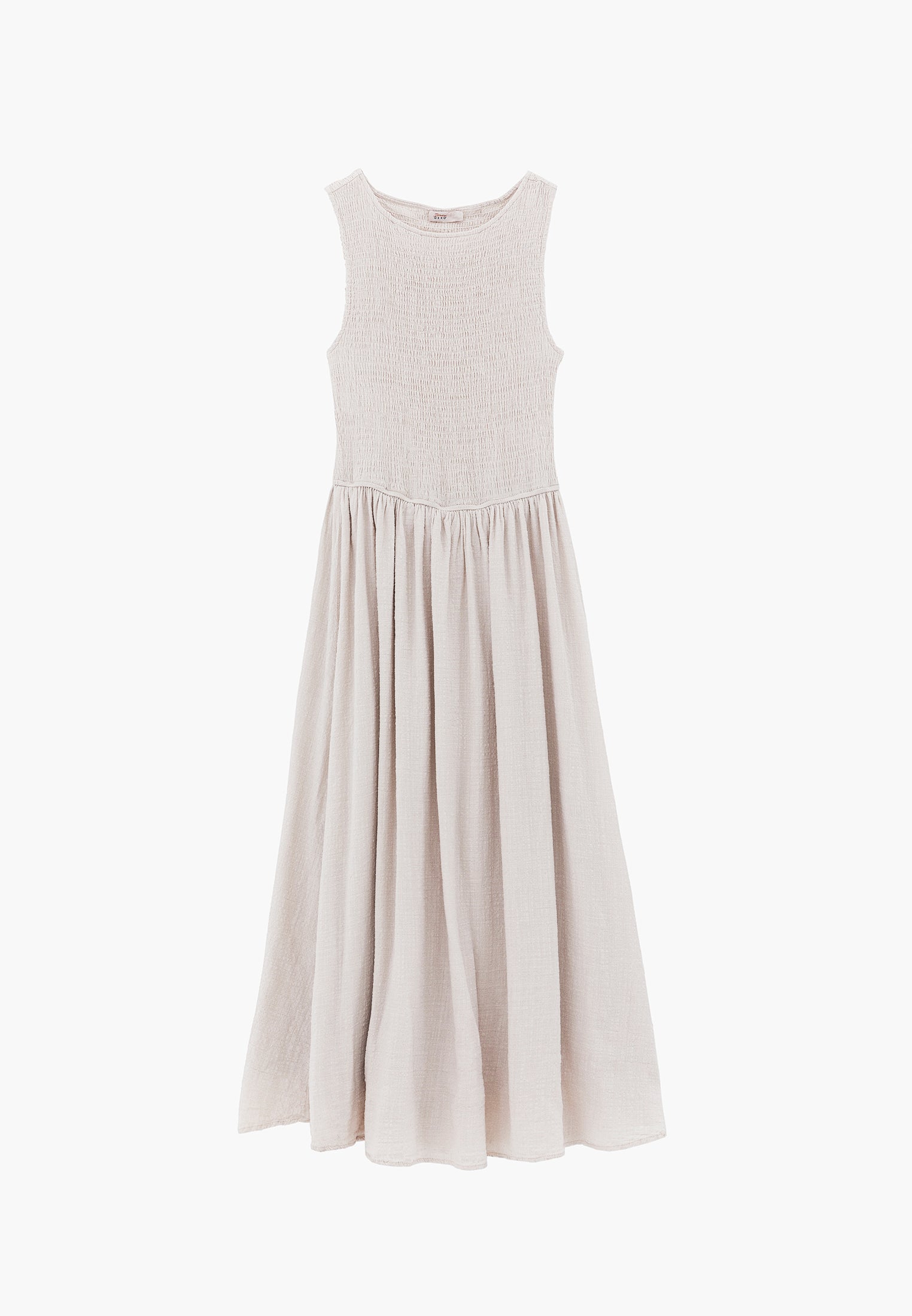 Long Boat Neck Smocked Sleeveless Dress - ALMOND MILK