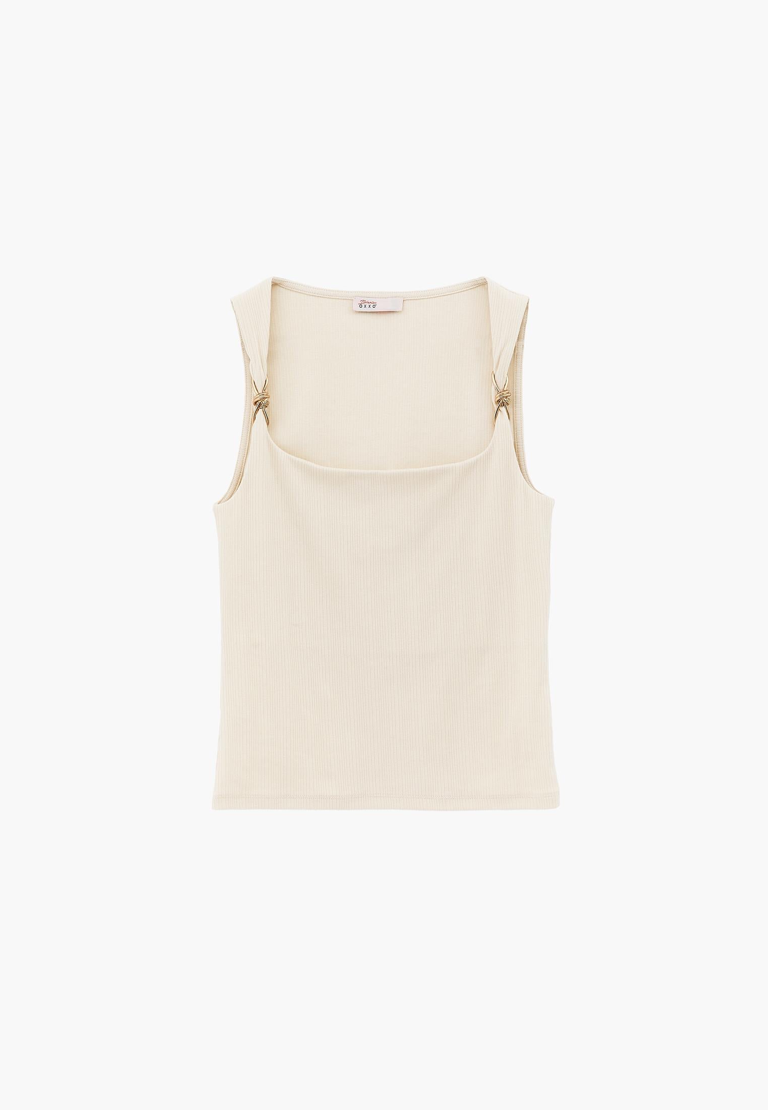 Wide Neck Buckle Detail Tank Top - ALMOND MILK
