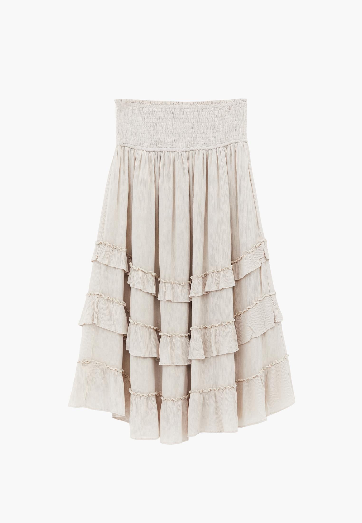 Elastic Ruffled High Waist Midi Skirt - ALMOND MILK