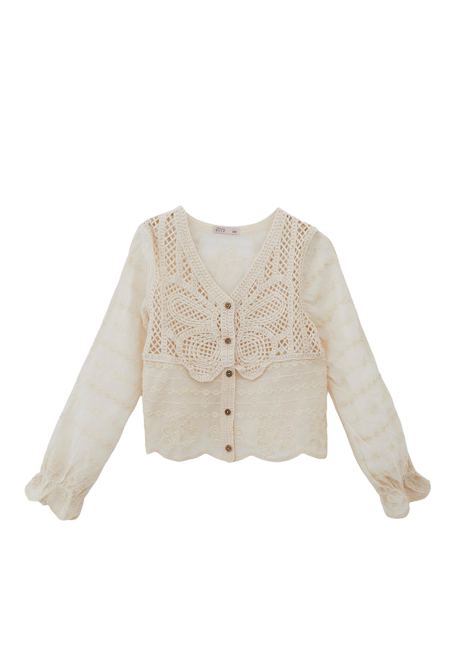 V Neck Long Sleeve Blouse - ALMOND MILK