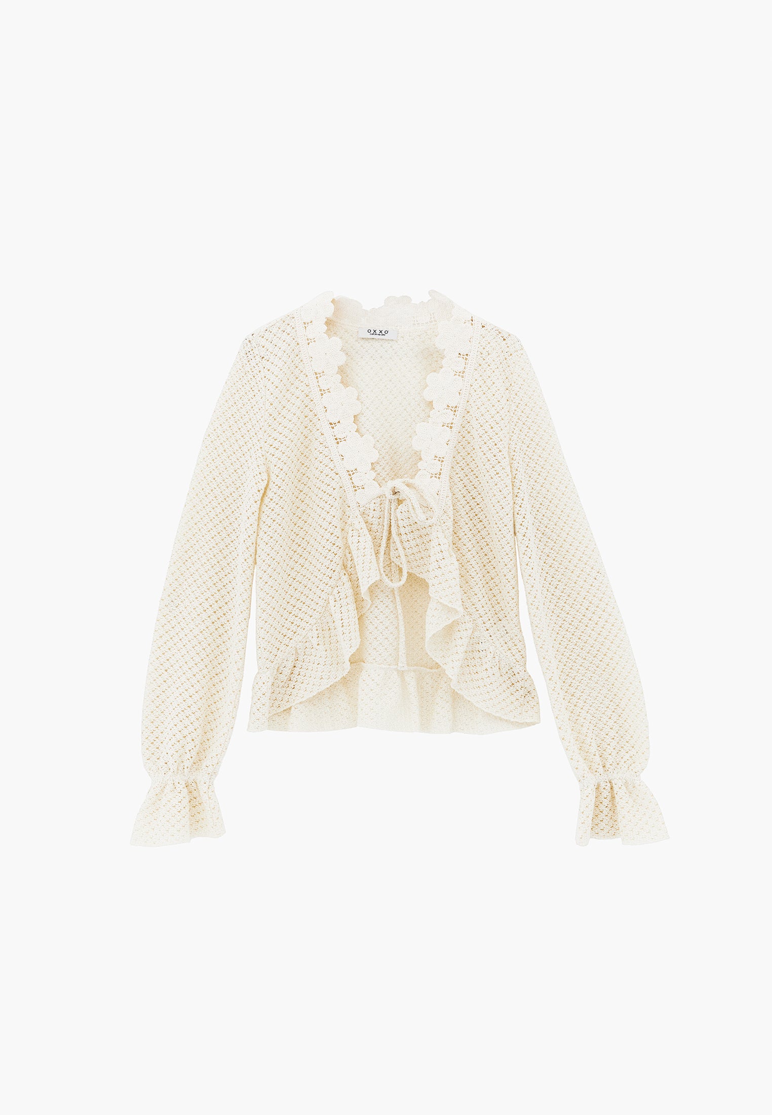 V Neck Openwork Standard Cardigan - ALMOND MILK