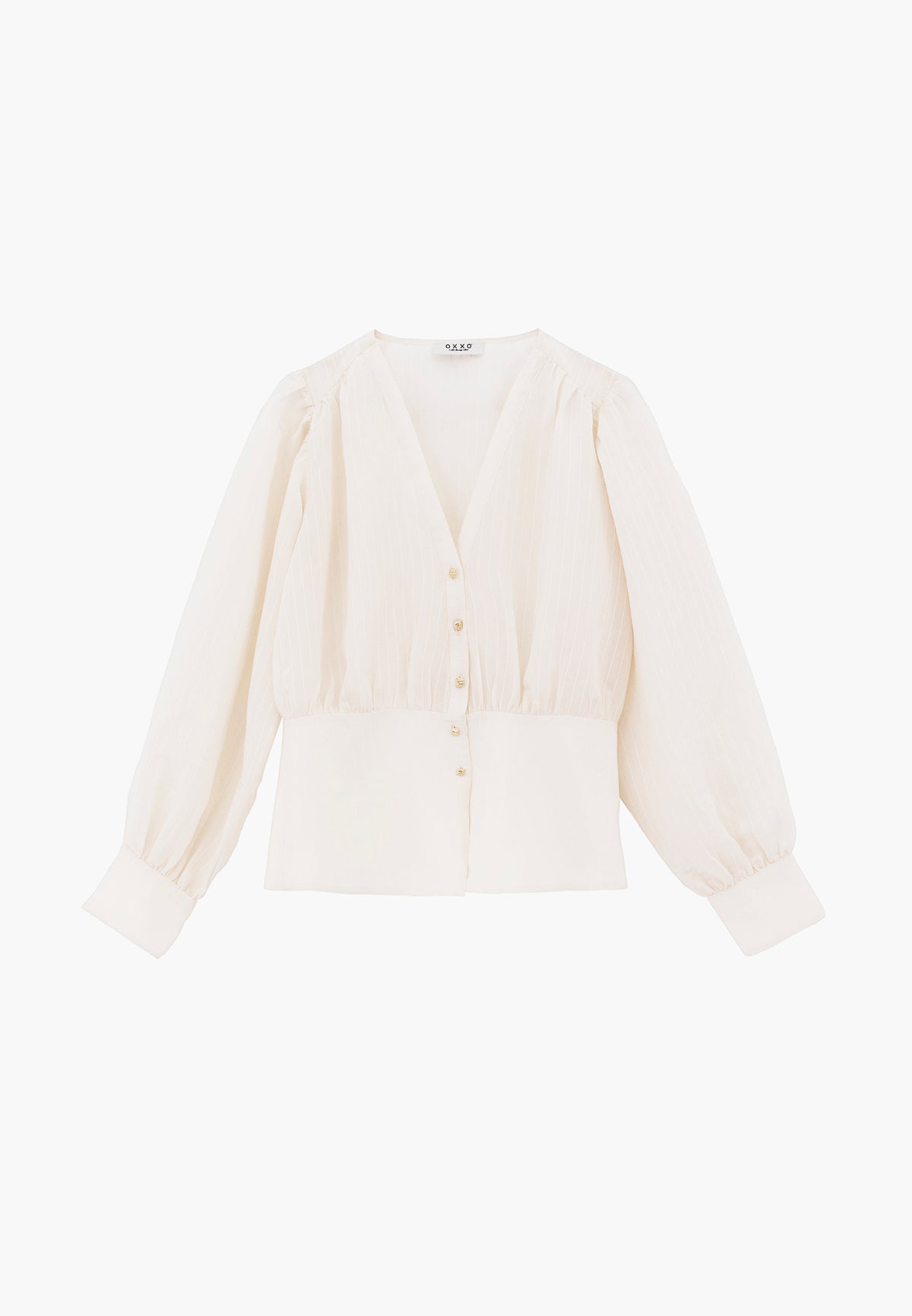 Ruched V-Neck Long Sleeve Blouse - ALMOND MILK