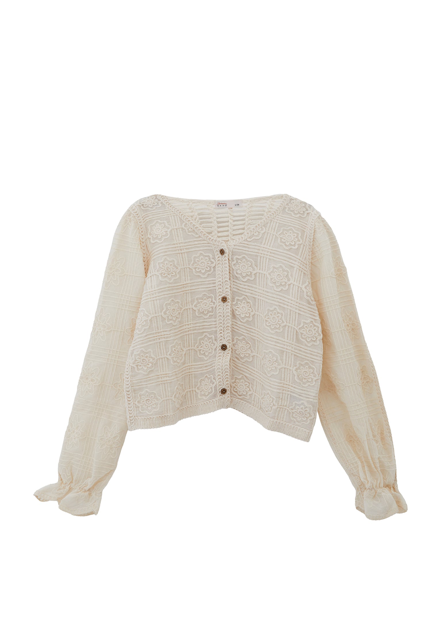 V Neck Embroidered Blouse - ALMOND MILK