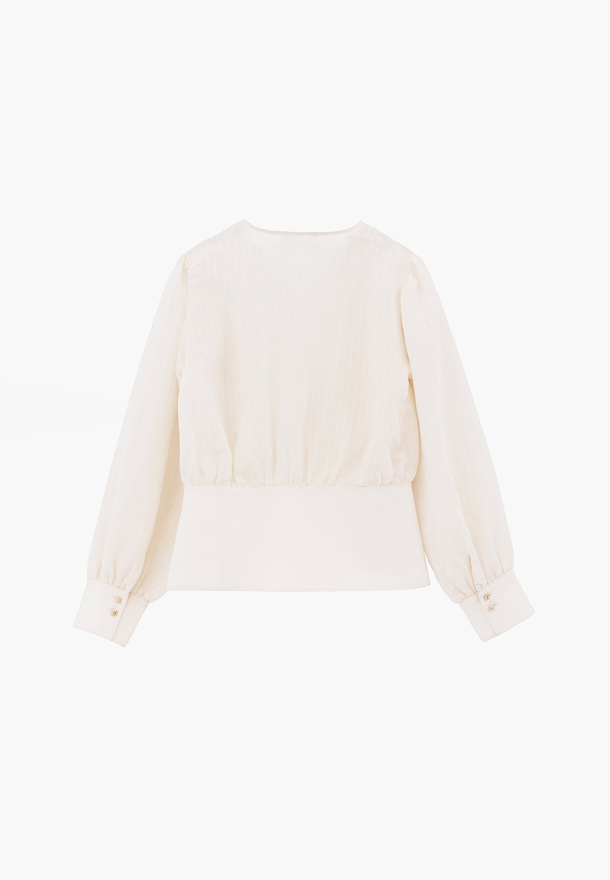 Ruched V-Neck Long Sleeve Blouse - ALMOND MILK