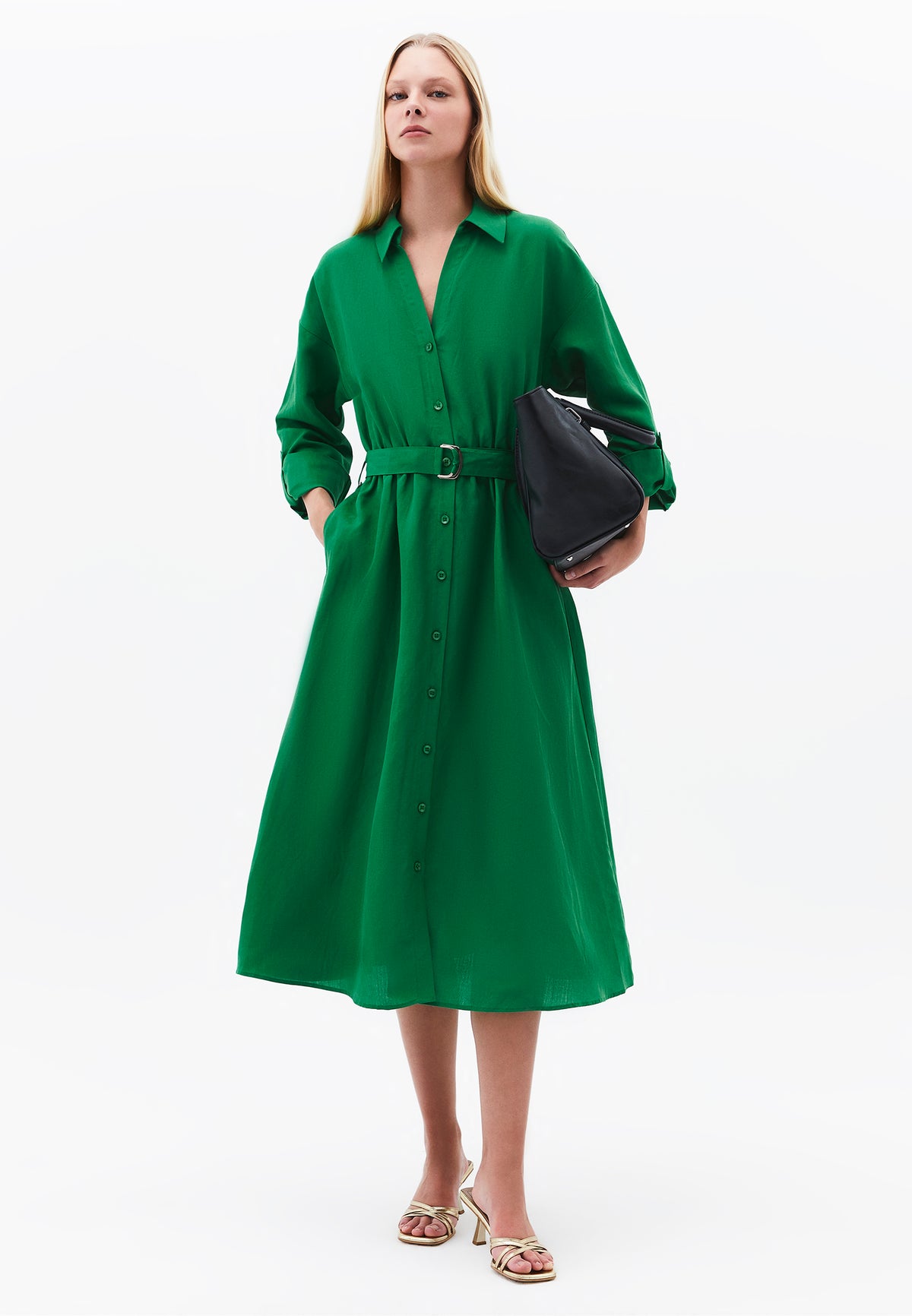 Belt Detailed Long Shirt Collar Dress - Green
