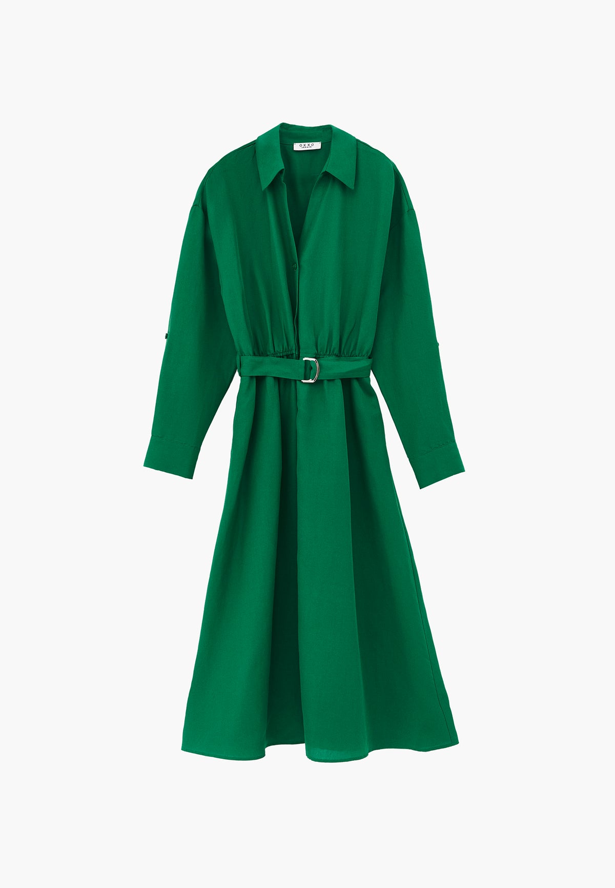 Belt Detailed Long Shirt Collar Dress - Green