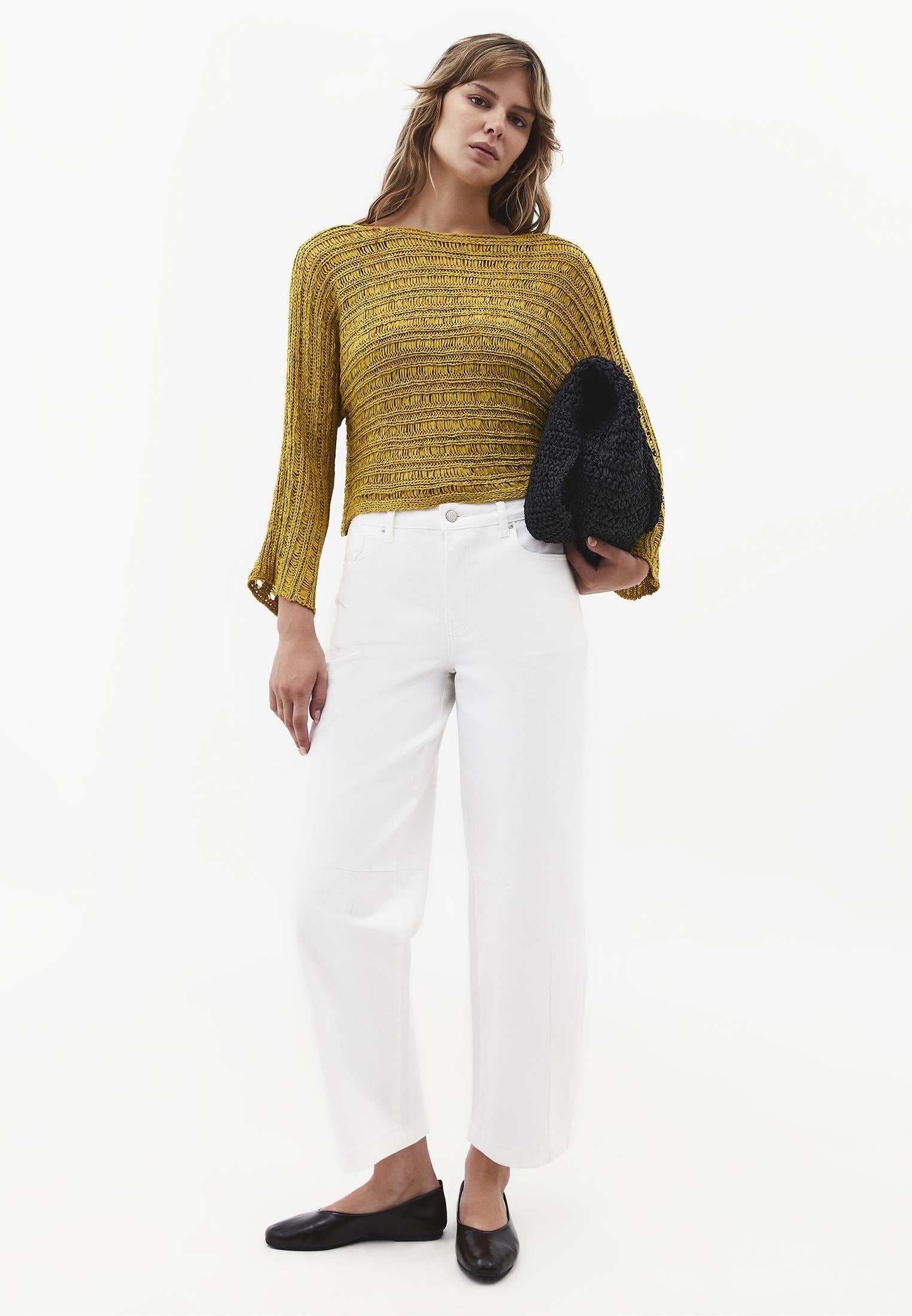 Openwork Boat Neck Long Sleeve Knit Sweater - AMBER GREEN
