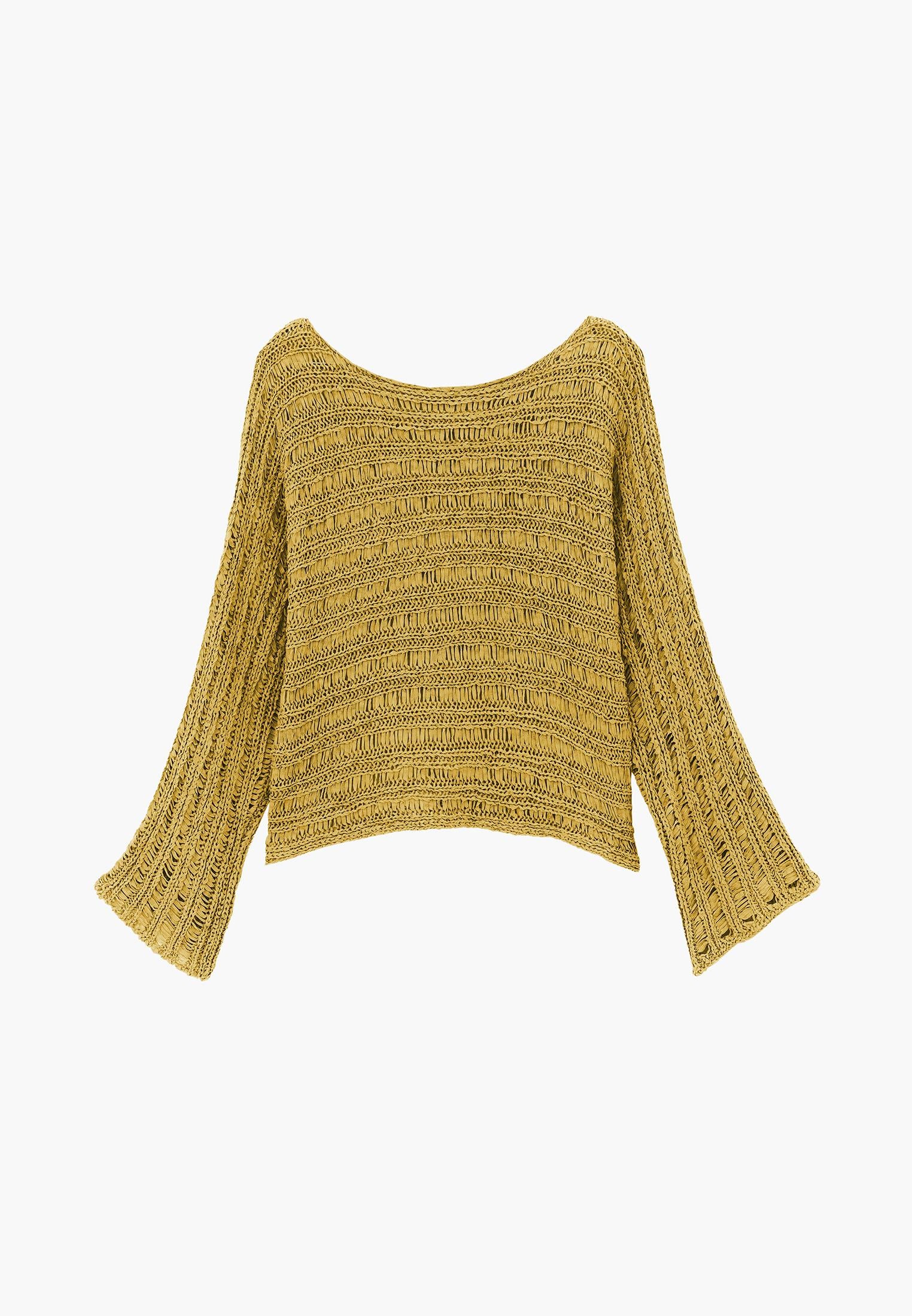 Openwork Boat Neck Long Sleeve Knit Sweater - AMBER GREEN