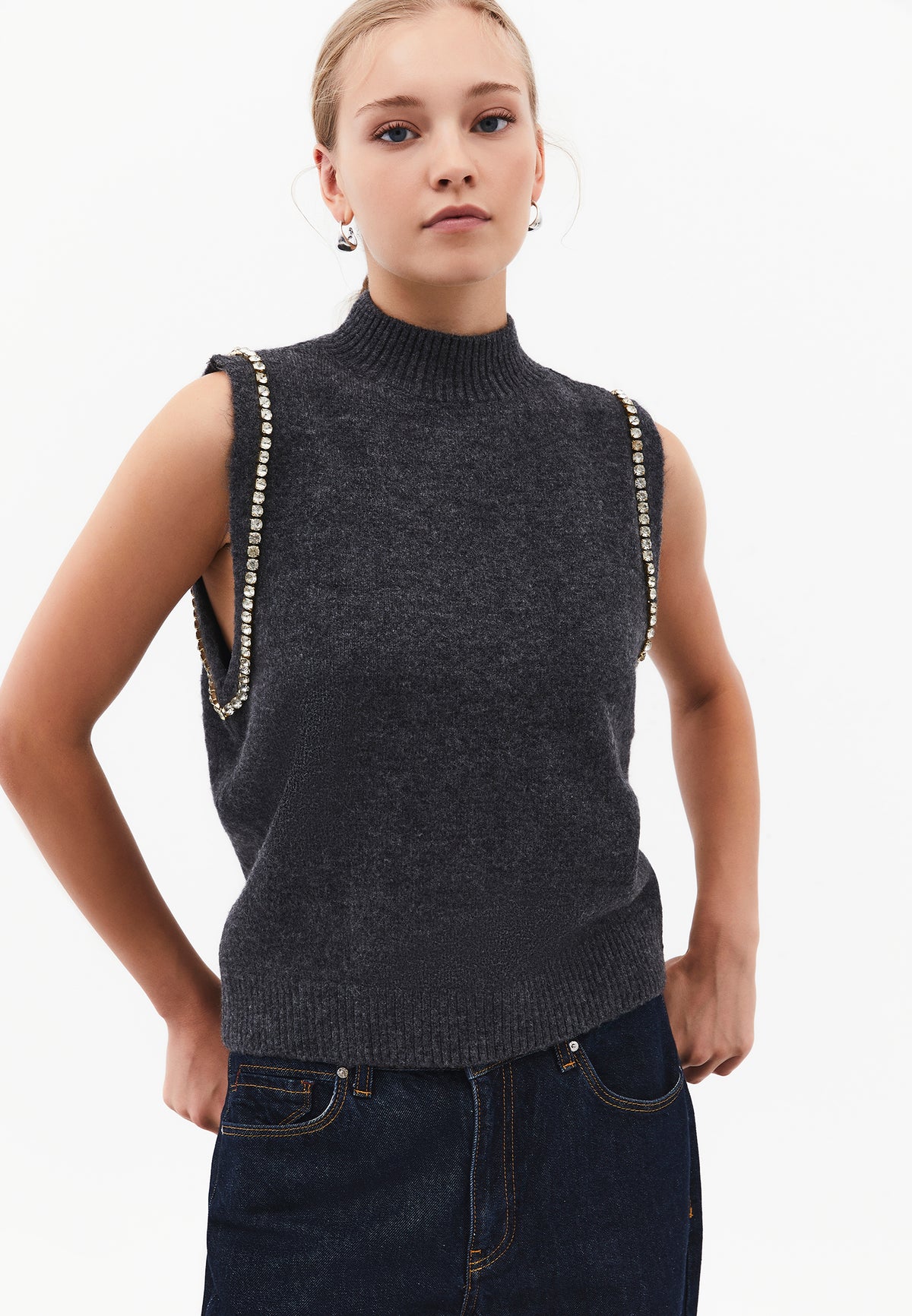 Vest With High Collar And Stone Detail - Grey
