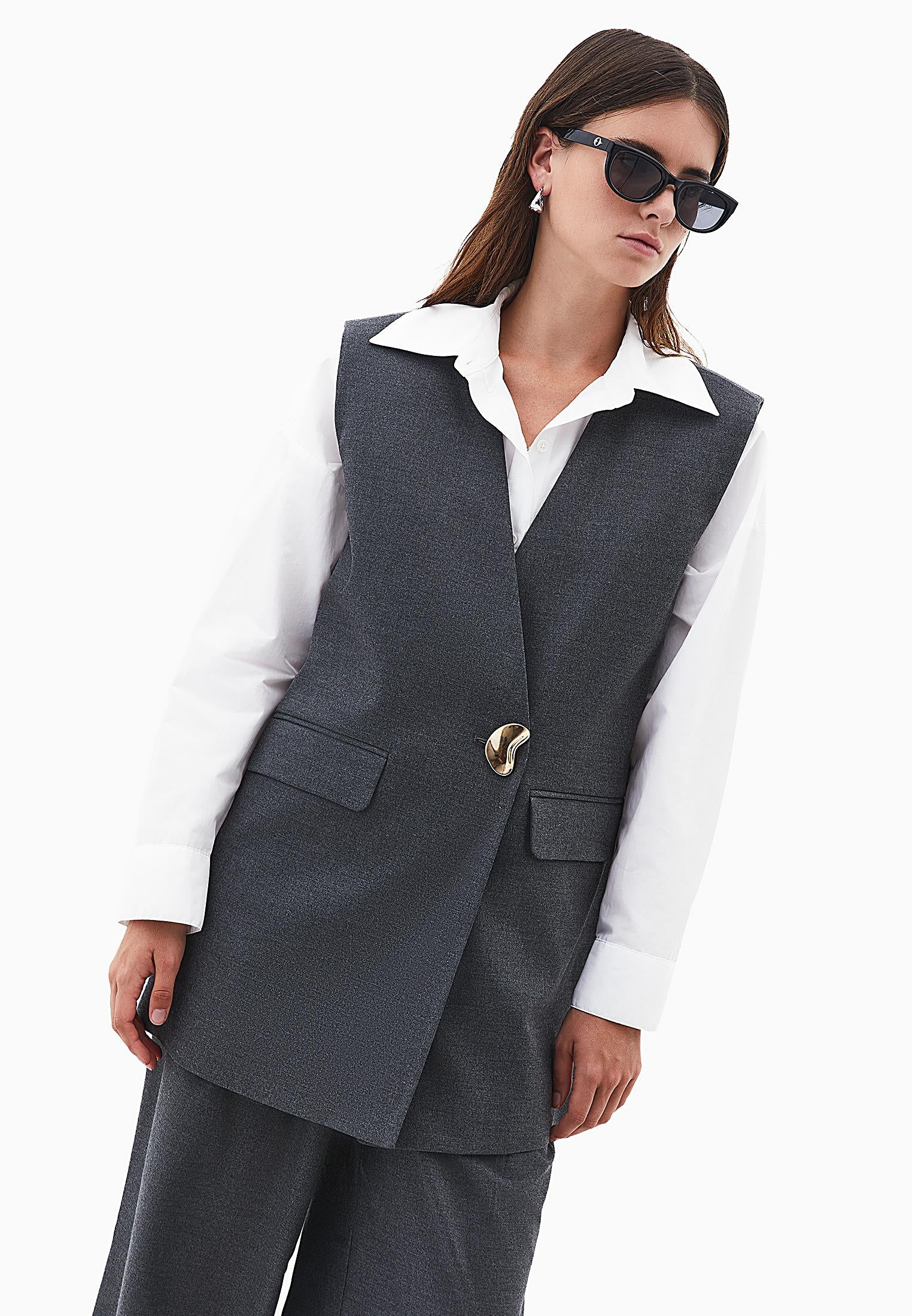 V Neck Button Detailed Oversize Vest - ANTHRA MELANGE