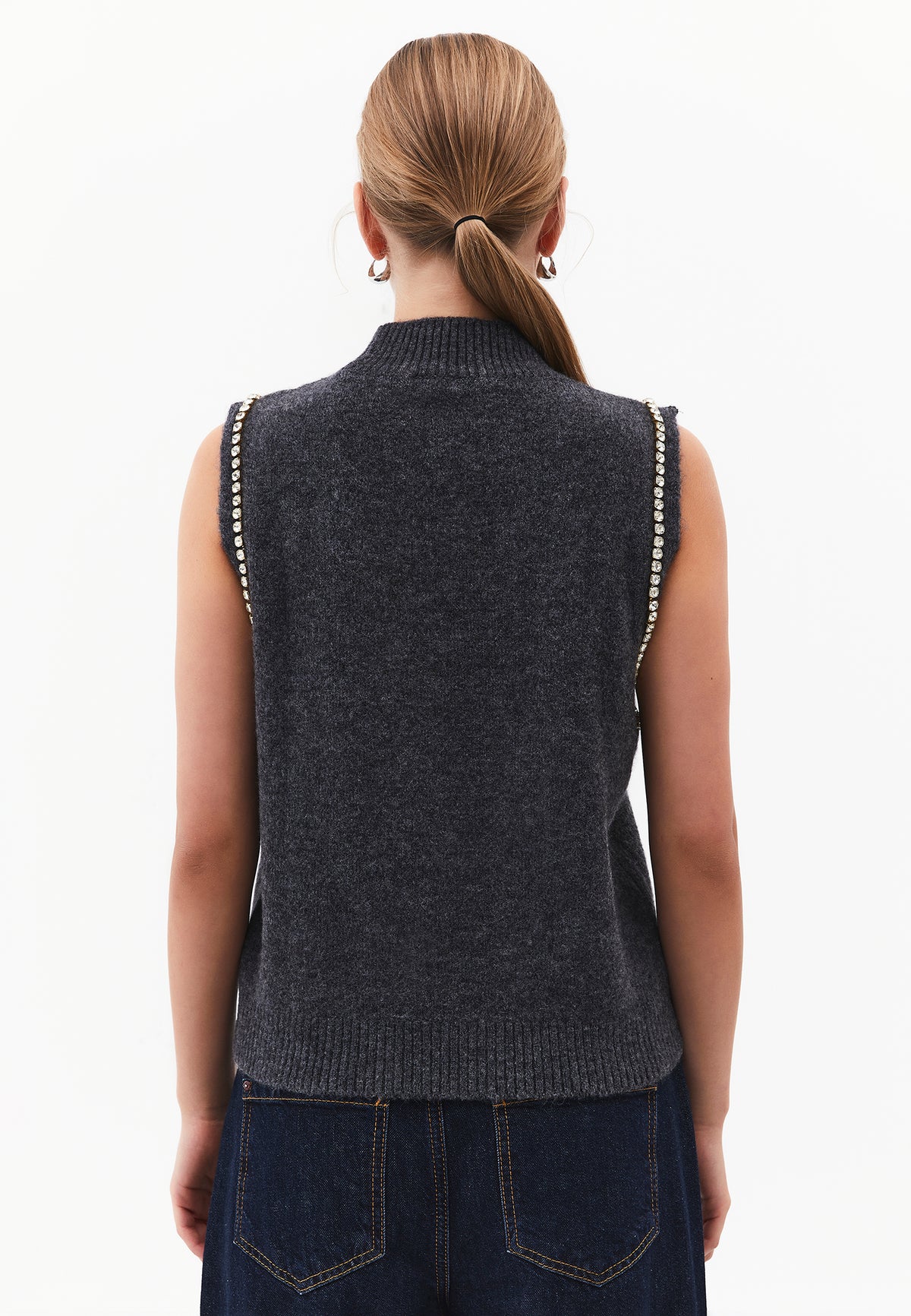 Vest With High Collar And Stone Detail - Grey