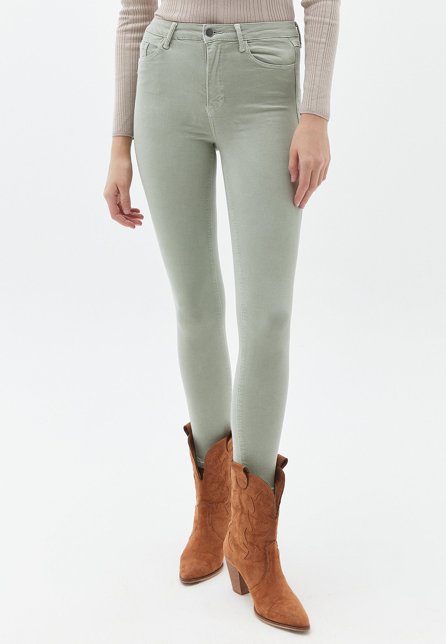 HIGH WAIST SKINNY TROUSERS WITH MODAL CONTENT - ANTIK SEAGRASS