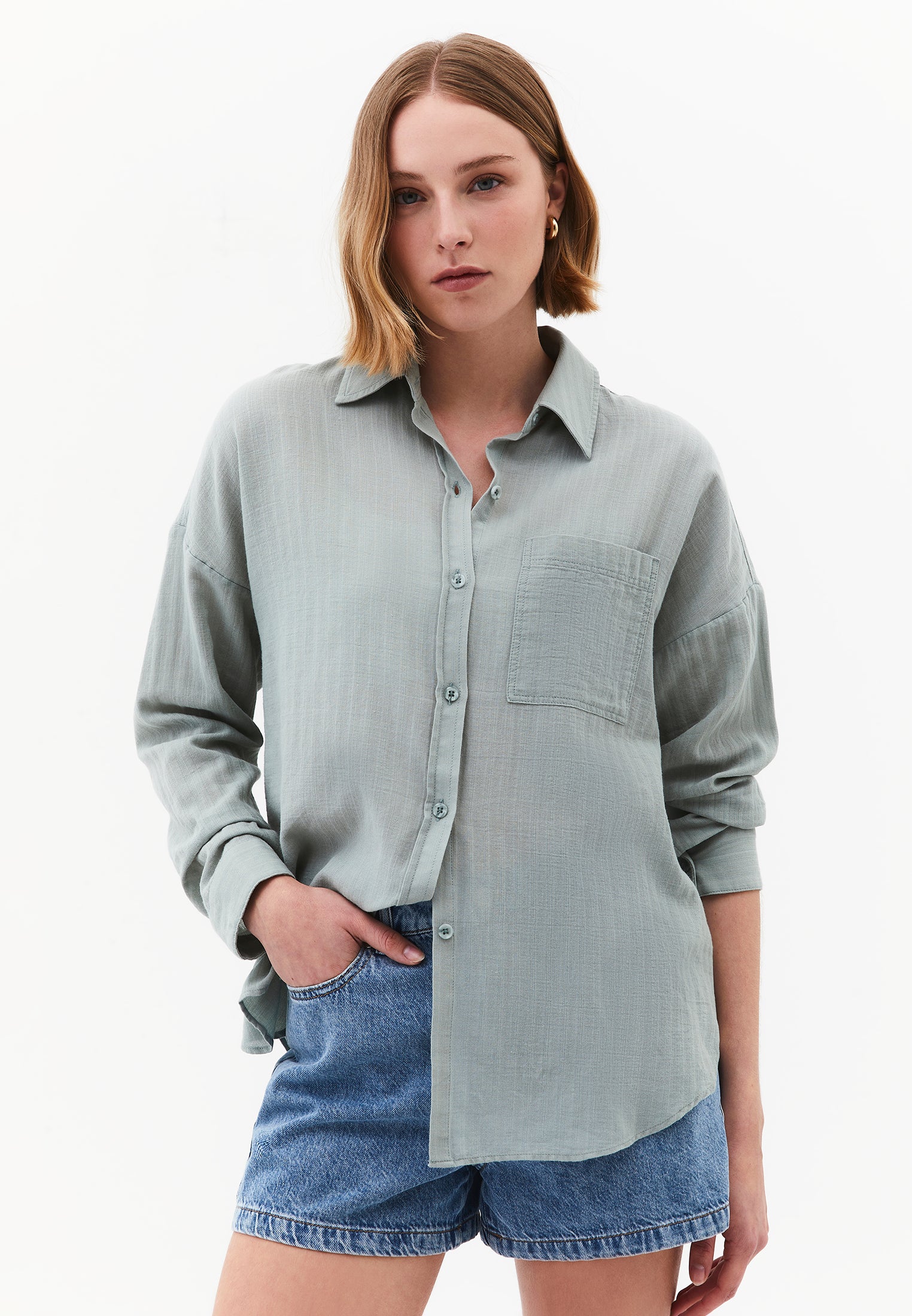 Oversize Long Sleeve Shirt With Pocket Detail - AQUA GRAY